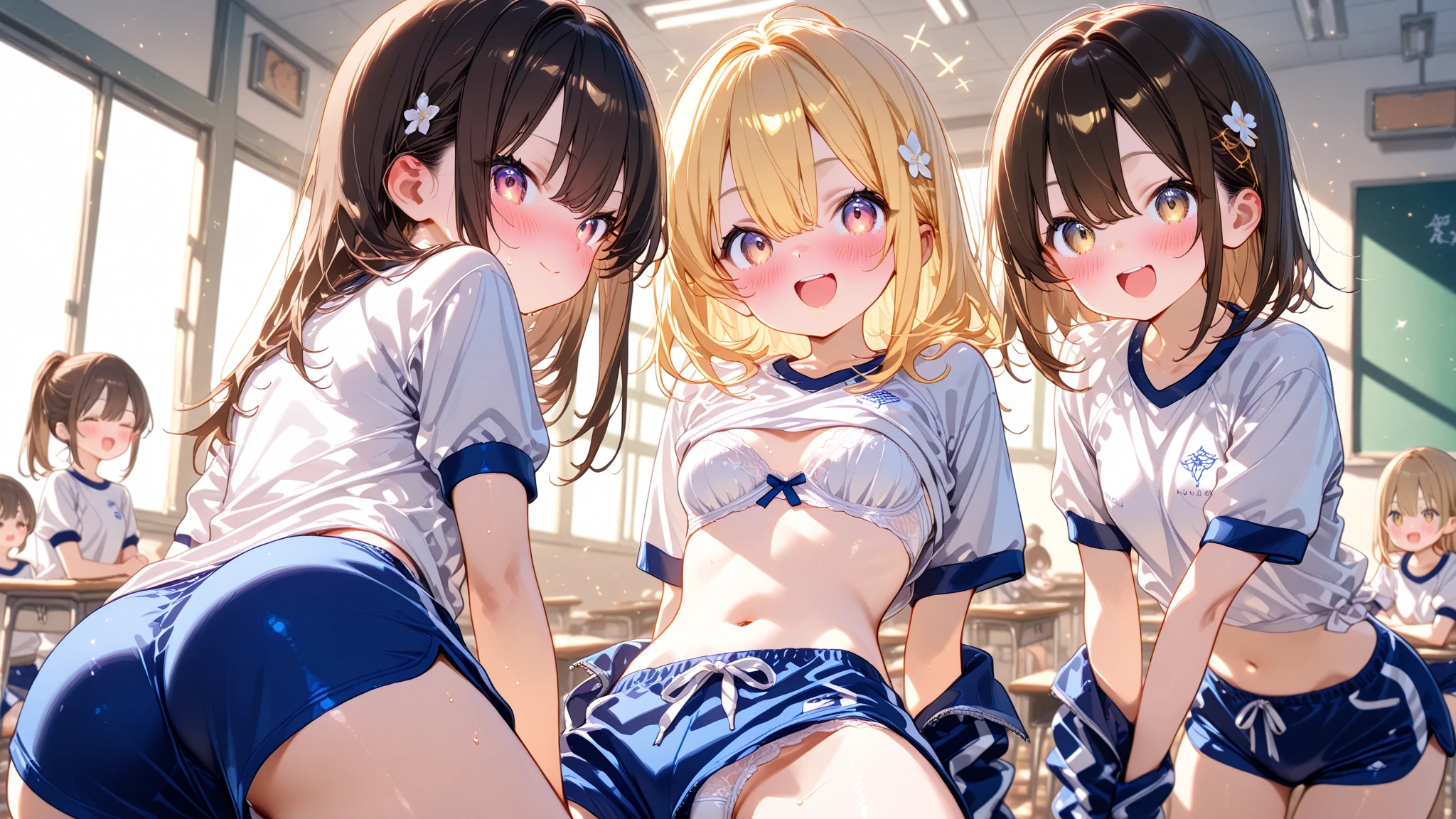 ((highest quality)), ((masterpiece)), (3 woman:1.5), cute woman are posing for a camera,  (at the stadium), (Lifting SHIRT:1.3),  (open your mouth and laugh:1.3), ray tracing, ((), (small ), , , hair band, headband, hair bobbles, blouse, shirt, (High definition thighs), (stand in a line), 12 talents、13 years old、14 years old、15 years old、Asian, Westerner, silver hair, brown hair, blond hair, (navel), jewelry, looking at viewer, necklace, long hair, short hair, (abs),(Depth of the bounds written), (My skirt is completely blown up by the strong wind.:1.2),