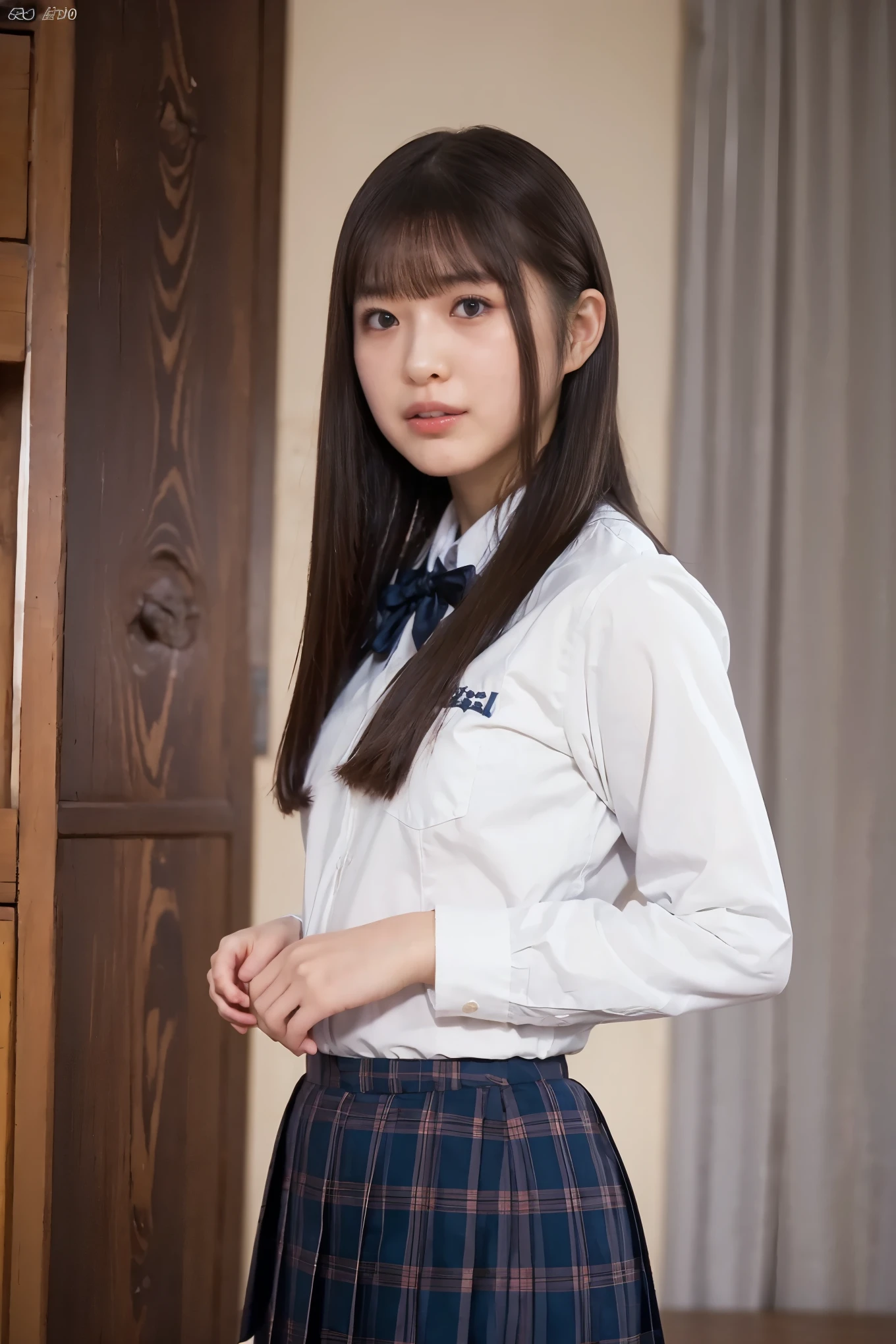 Japanese high school girl,(uniform:1.3),gravure pose,cowboy shot,(beautiful lighting), (RAW photo), (photo-realistic:1.4), (high resolution), masterpiece, (8k ultra-detailed),