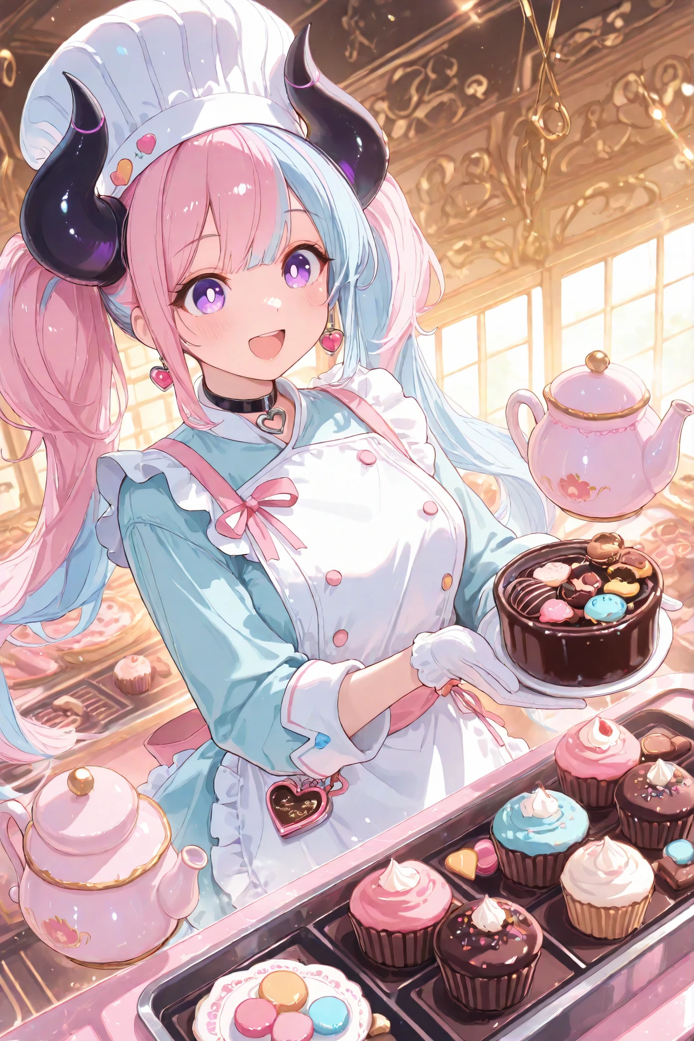 (masterpiece, best quality, ultra-detailed, 8k, soft fantasy lighting),
1girl, ((purple eye)), ((two-tone hair, pink and light blue)), twin tails, (black horn), (heart charm choker),
patisserie outfit, white chef hat with pink ribbon, short frilly apron, gloves, smiling expression, bright pupils, open mouth,
standing beside conveyor belt of colorful sweets, candies, cupcakes, chocolate truffles, rainbow marshmallows,
machines shaped like teapots and cookie cutters, pastel machinery gleaming softly,
floating sugar dust, magical glow around sweets,
dynamic angle from side, motion blur on conveyor,
soft golden light with cool reflections, painterly detail emphasizing confectionery texture,
warm, cheerful, slightly whimsical tone