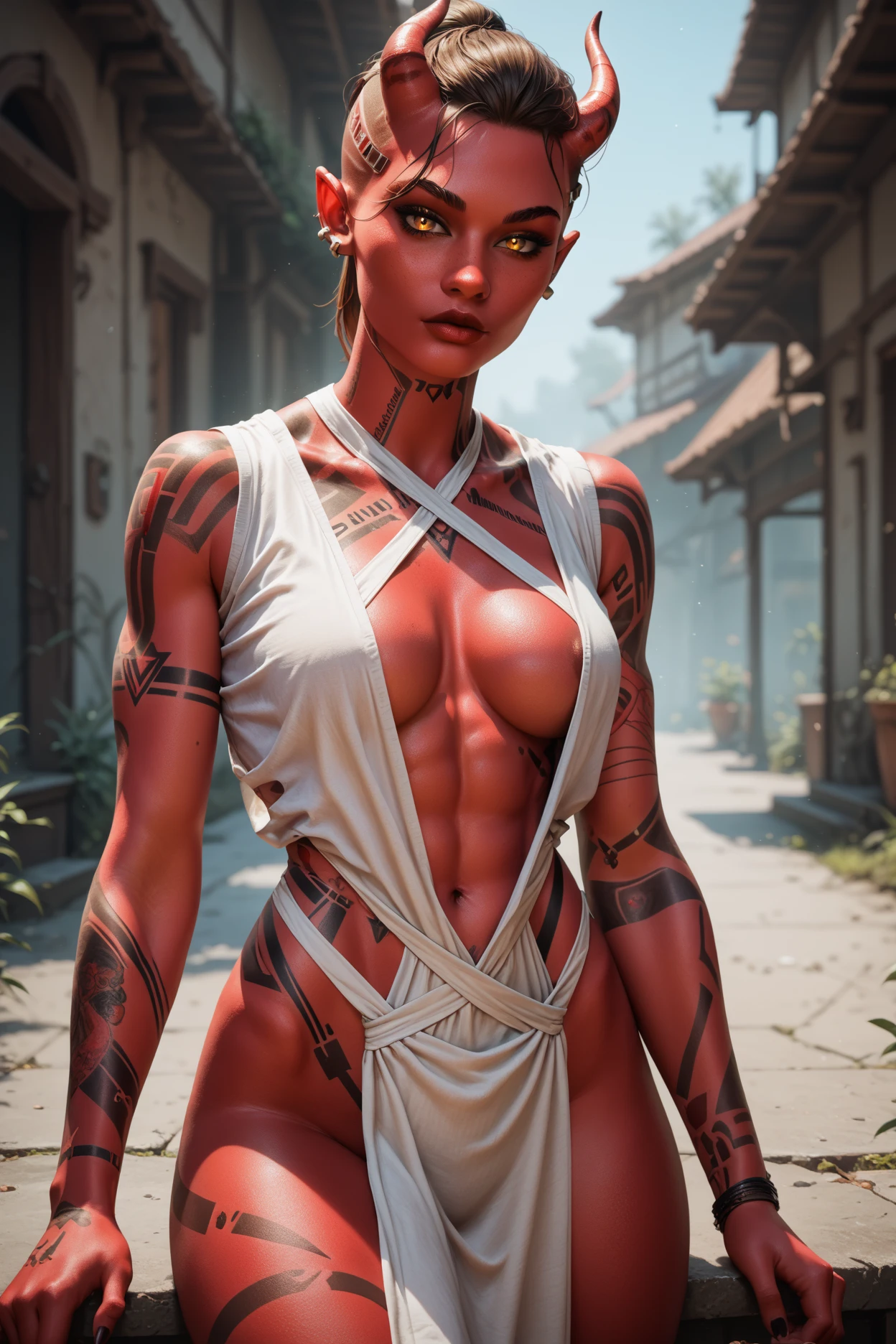Mma fighter, 20year old woman, detailed beautiful blue eyes, detailed beautiful lips, long eyelashes, revealing fighting outfit, large breasts, full body shot, highly detailed, 8k, photorealistic, dramatic lighting, cinematic, fantasy arena, , red shorts, boxing stance, photography by Arny Freytag, sweating, 