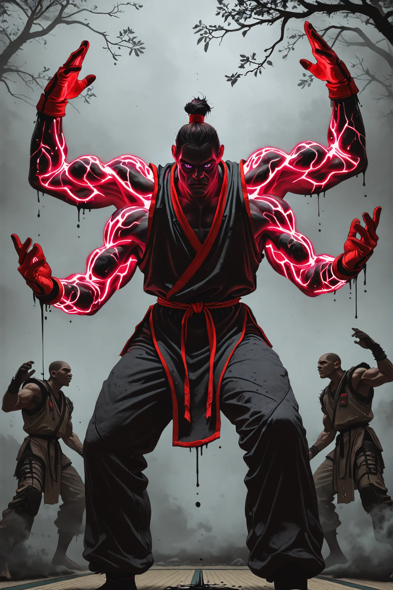 straight arm,crooked wrist,tilted,Advancing standing,Strange dance,deep brown branches,black pollution dark liquid creeping up the skin,dark oil adhered to,a boy,neon red gloves,neon purple eyes,((4 muscular arms)),martial fighter clothing,2 pairs of arms,ancient god,fog of war,combat smoke,combat zone,tatami