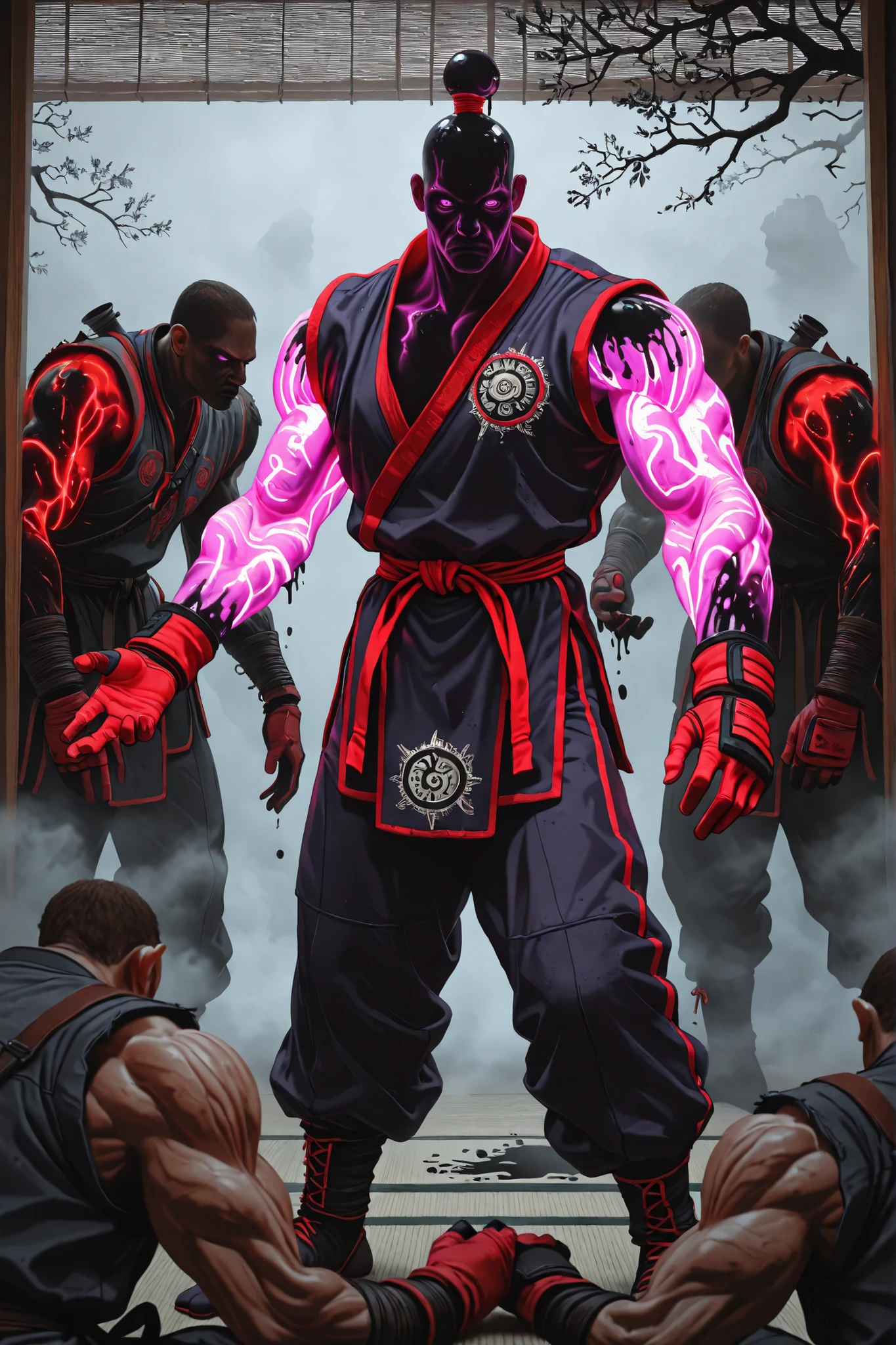 straight arm,crooked wrist,tilted,Standing insurance,Strange dance,deep brown branches,black pollution dark liquid creeping up the skin,dark oil adhered to,a boy,neon red gloves,neon purple eyes,((4 muscular arms)),martial fighter clothing,2 pairs of arms,ancient god,fog of war,combat smoke,combat zone,tatami,