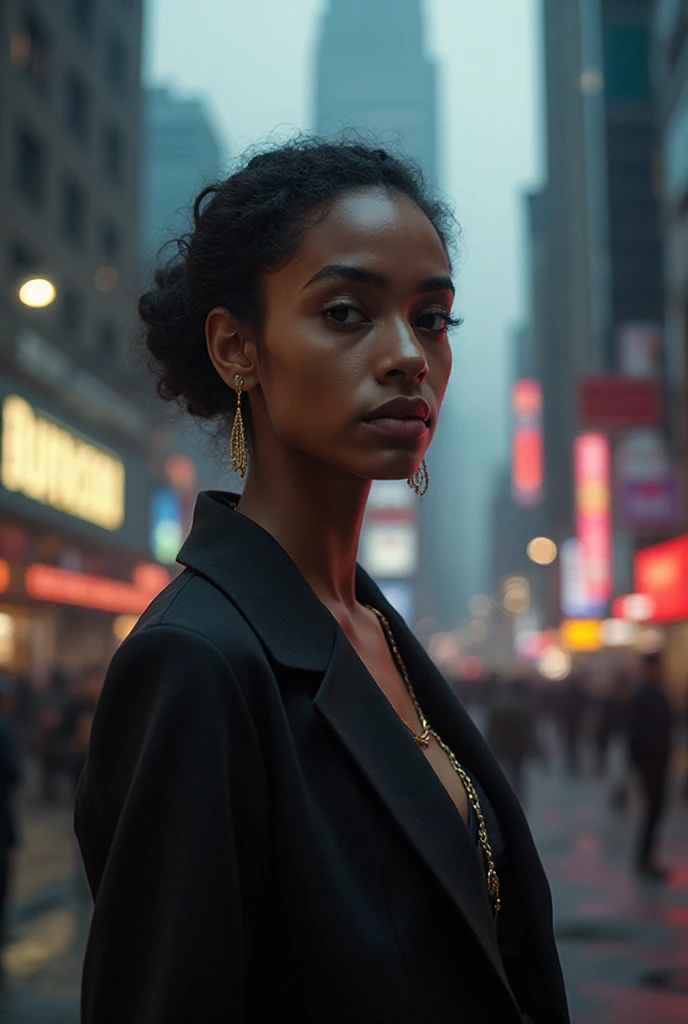 award winning photo of a beautiful young woman in a majestic penthouse at night overlooking a glamorous city, zavy-cnmtc, atmospheric haze, multicolored hair, dynamic lighting, cinematic still, dark skin, movie screencap, (freckles), contemplative, smirk, piercing blue eyes, extremely long hair, sleek hair, portrait, dynamic pose, bathrobe, sleek hair,