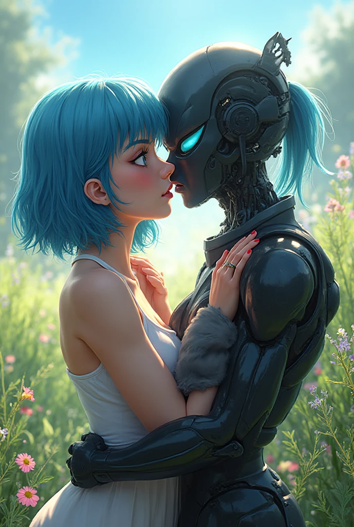A femal humanoid kissing a male human