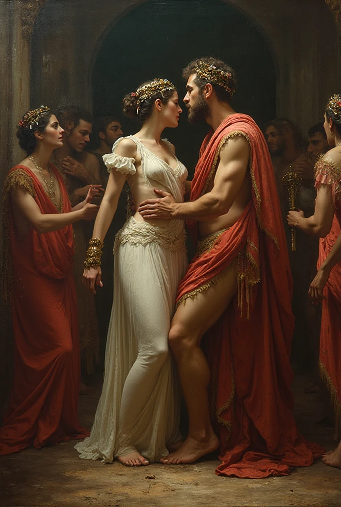 Biblical character Potiphar's wife seducing Joseph 