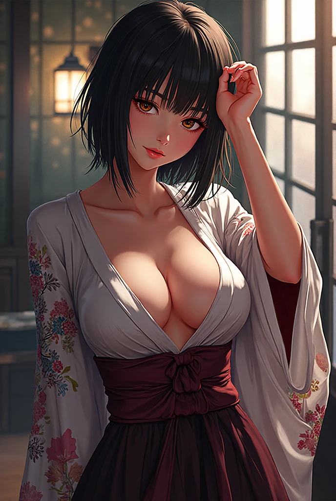 ((((masterpiece, best quality, high resolution)))), Extremely detailed 8K, Beautiful girl with voluptuous body, (Ultra HD, Ultra-detailed, Highly detailed, Highly realistic, Ultra-realistic, photograph realistic), (1girl:1.5), (Realistic black hair), (short wavy hair, hair ornaments, earrings), (dynamic poses), facing at camera, looking at viewer, (blushing red, embarrassed, smile), (green eyes, sharp eyes), (big perky breasts:1.2), (beautiful detailed face, beautiful detailed eyes), ((off shoulder fluffy yukata)), (detail ), (standing up), sweat, glow, (nightlight), ((cowboy shot)), firework festival, 