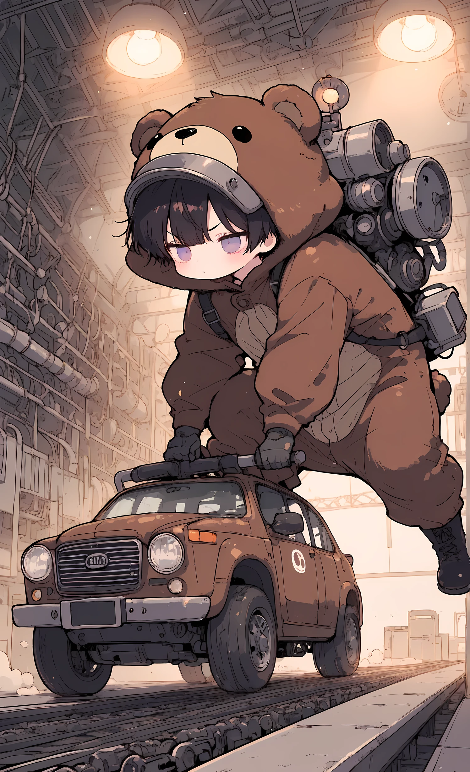 Kuma, masterpiece, best quality, ultra-detailed:1.3, male, 1boy, solo, short black hair, lavender eyes, wearing brown bear onesie, bear hood, black boots, working on automobile assembly line, assembling car parts on conveyor belt, large factory hall with visible assembly line machinery, robotic arms, hanging vehicle chassis, welding sparks, industrial lighting, worker helmet, "Assembly Line Factory" theme, detailed factory environment