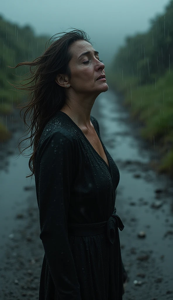 (Dynamic frame:1.2), A woman tormented by lust drowns in the face of a mud swamp. (She sensually smears swamp mud on her :1.3). She is dressed in jeans and a leather jacket. (She caresses her neck and from the side with her hands:1.5) she is throwing a kiss towords camera