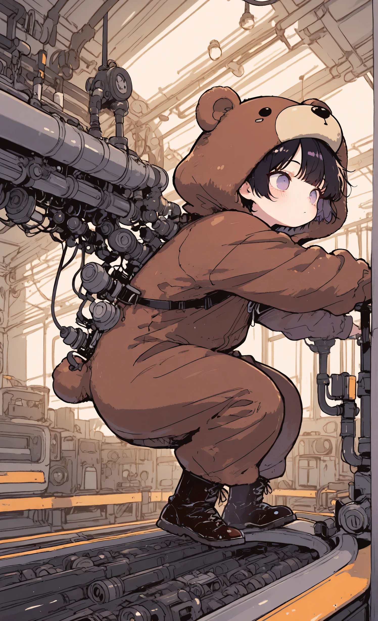 Kuma, masterpiece, best quality, ultra-detailed:1.3, male, 1boy, solo, short black hair, lavender eyes, wearing brown bear onesie, bear hood, black boots, working on automobile assembly line, assembling car parts on conveyor belt, large factory hall with visible assembly line machinery, robotic arms, hanging vehicle chassis, welding sparks, industrial lighting, worker helmet, "Assembly Line Factory" theme, detailed factory environment