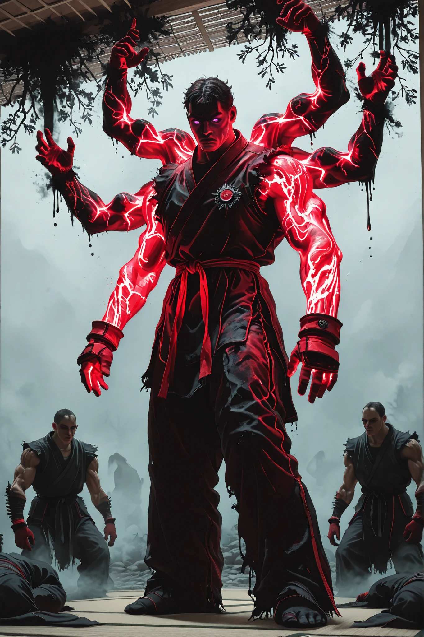 straight arm,crooked wrist,tilted,Standing insurance,Strange dance,deep brown branches,black pollution dark liquid creeping up the skin,dark oil adhered to,a boy,neon red gloves,neon purple eyes,((4 muscular arms)),martial fighter clothing,2 pairs of arms,ancient god,fog of war,combat smoke,combat zone,tatami,