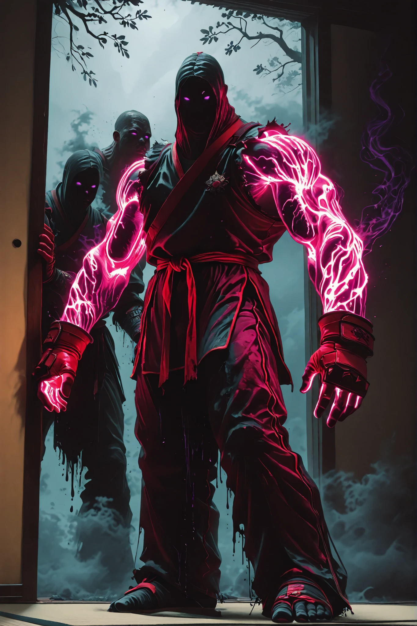 straight arm,crooked wrist,tilted,Standing insurance,Strange dance,deep brown branches,black pollution dark liquid creeping up the skin,dark oil adhered to,a boy,neon red gloves,neon purple eyes,((4 muscular arms)),martial fighter clothing,2 pairs of arms,ancient god,fog of war,combat smoke,combat zone,tatami,