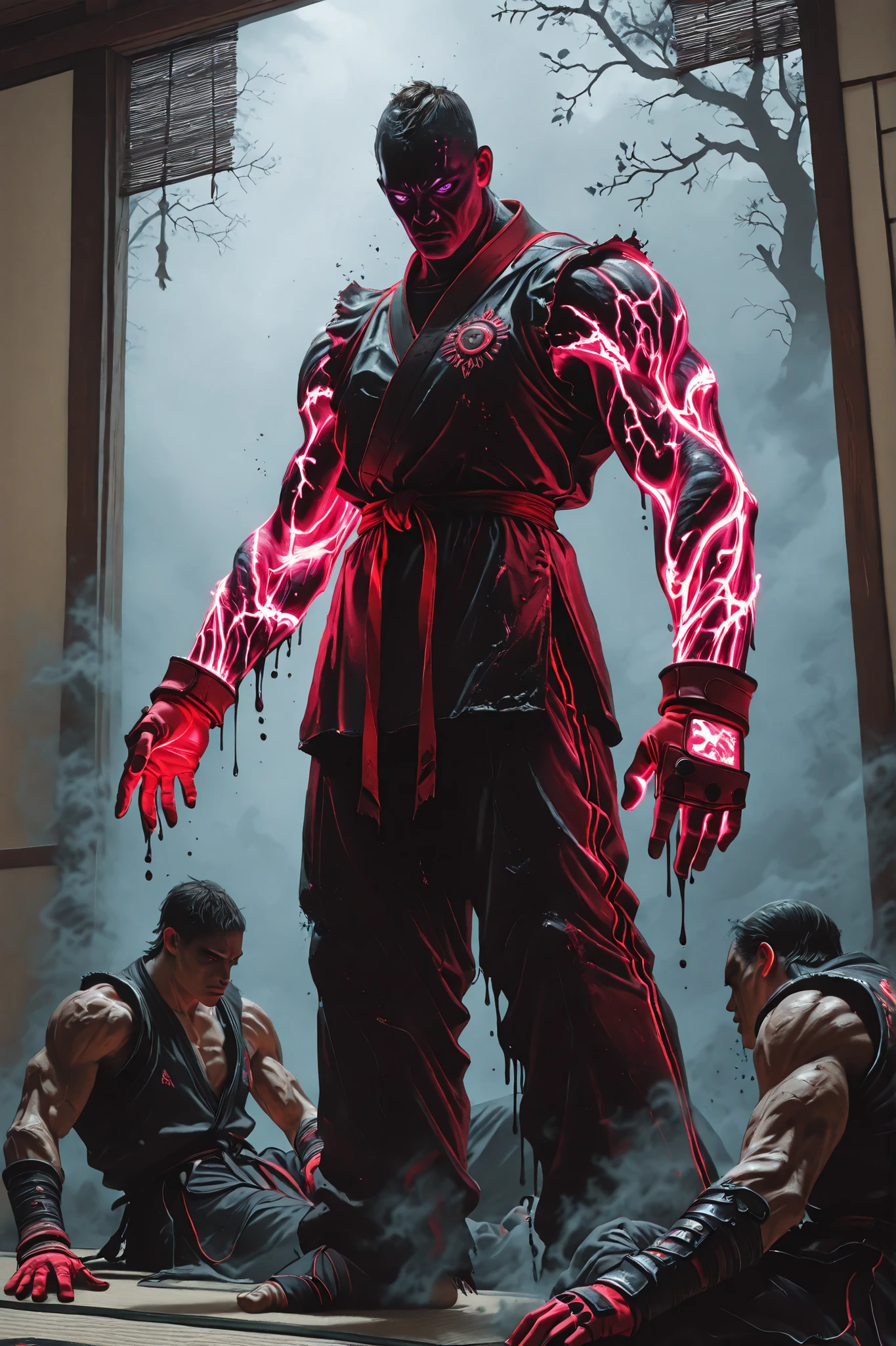 straight arm,crooked wrist,tilted,Standing insurance,Strange dance,deep brown branches,black contamination dark liquid creeping up the skin,dark oil adhered to,a boy,neon red gloves,neon purple eyes,((4 muscular arms)),martial fighter clothing,2 pairs of arms,ancient god,fog of war,combat smoke,combat zone,tatami,