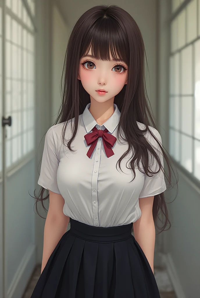 (masterpiece, best quality:1.3), (very detailed:1.2), (raw photo:1.2), RAW color photos with high detail, professional photography, professional lighting, complete , (big bust:1.2), (detailed face, detailed eyes), (happy smile:1.7), sexy,  sexy, Random sexy gravure pose, ((White blouse and red checked skirt、Cafeteria in the background、T-shirt with the blouse buttons open to emphasize the chest, garter belt)) walking down the street,