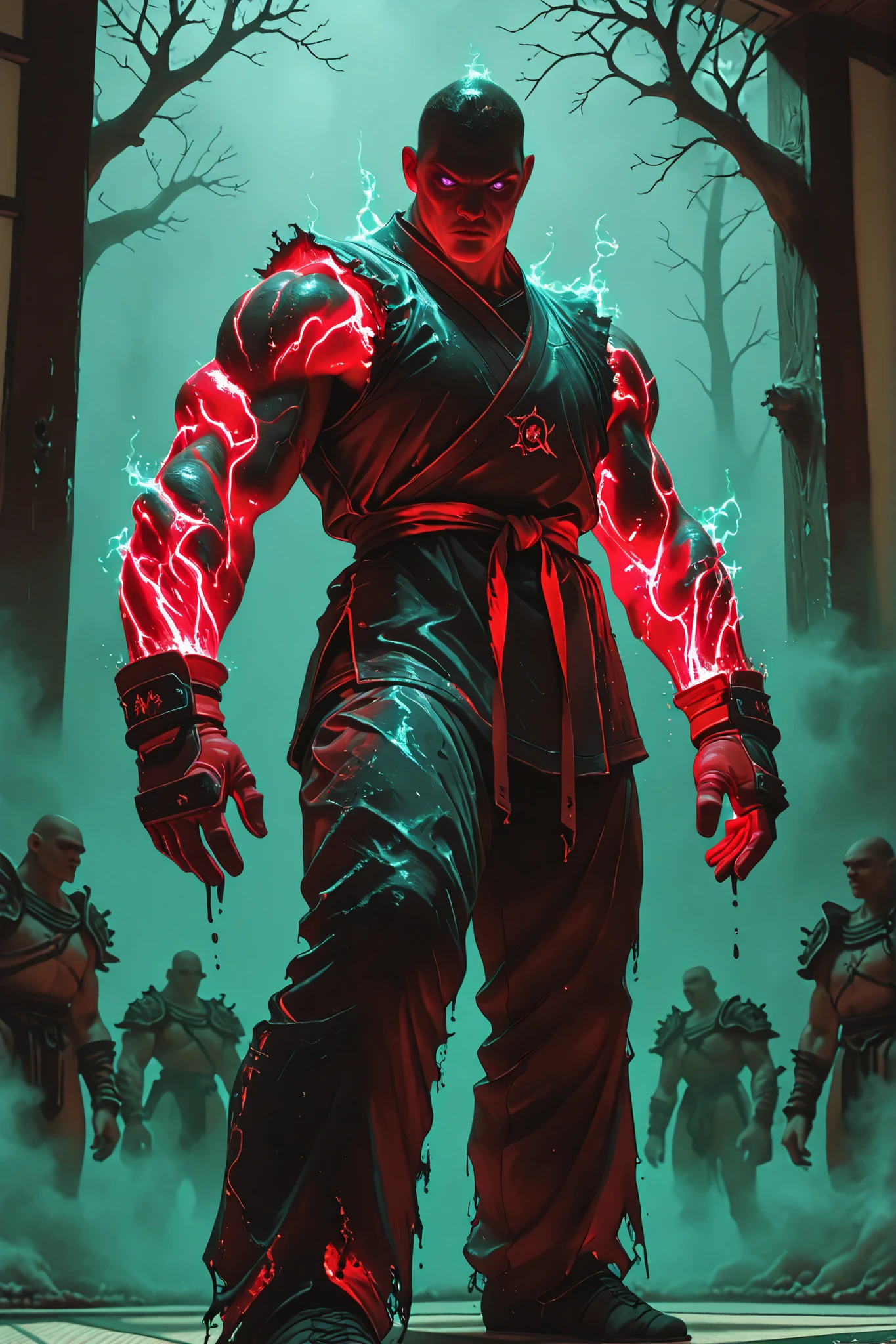 straight arm,crooked wrist,tilted,Standing insurance,Strange dance,deep brown branches,black pollution dark liquid creeping up the skin,dark oil adhered to,a boy,neon red gloves,neon purple eyes,((4 muscular arms)),martial fighter clothing,2 pairs of arms,ancient god,fog of war,combat smoke,combat zone,tatami,