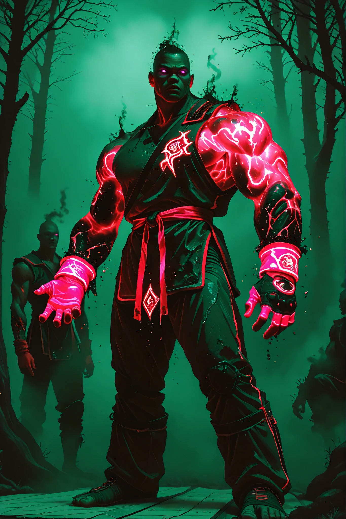 straight arm,crooked wrist,tilted,Standing insurance,Strange dance,deep brown branches,black contamination dark liquid creeping up the skin,dark oil adhered to,a boy,neon red gloves,neon purple eyes,((4 muscular arms)),martial fighter clothing,2 pairs of arms,ancient god,fog of war,combat smoke,combat zone,tatami,