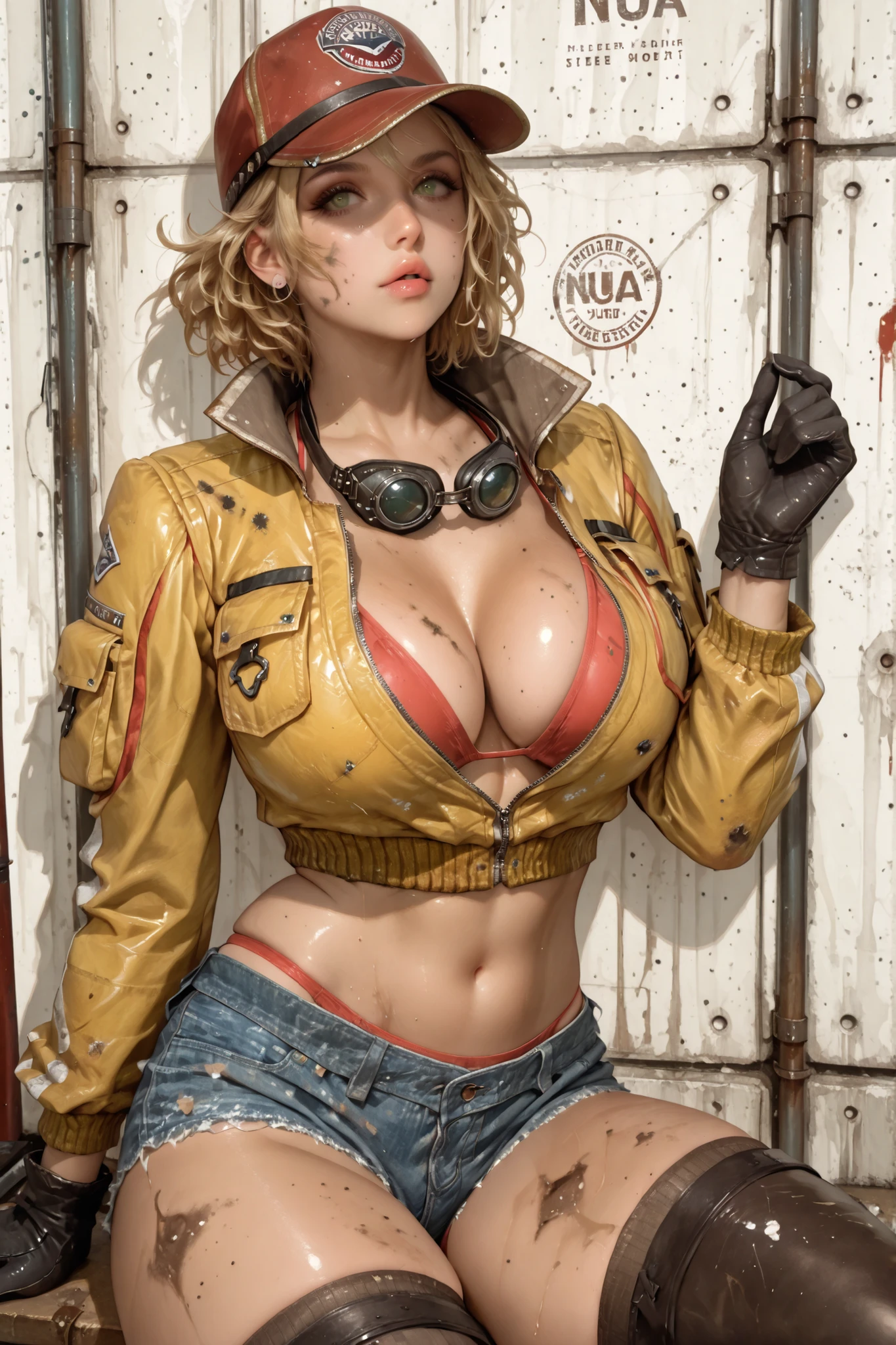 ((La mejor calidad)), ((Obra maestra)), ((realista)), (Detallado), 1 mujer, cuerpo completo, En pie, (Llevar una cobertura completa blanca), (Chaqueta TechWear, camisa, tactical vest, ), Cabello pelirrojo, ojos sonrientes, (Pared inclinada de pie con graffiti y letras japonesas (kanji) fondo), Soleado y rico en color, HDR, 4x ultranítido, ((Obra maestra)), absurdos, Soft lighting,(specular lighting:1.4), hiperenfoque, mapeo de tonos, foco nítido, hiper detallado, ojos detallados, Enfoque de los ojos, (illustration:1.1), Altas Resoluciones, (fondo de pantalla CG 8k extremadamente detallado:1.1), (Cara hermosa:1.15), colores brillantes, Obra maestra sin igual, CG 8K ultra realista, Ilustraciones perfectas, ((Figura femenina perfecta)), Postura seductora, pose sexy, seductor, Limpio, Cara pura, Pale skin, (enormes pechos cubiertos), Detalles intrincados, (rico:1.4), ((Wet)) ,aceite, (((boca abierta)))