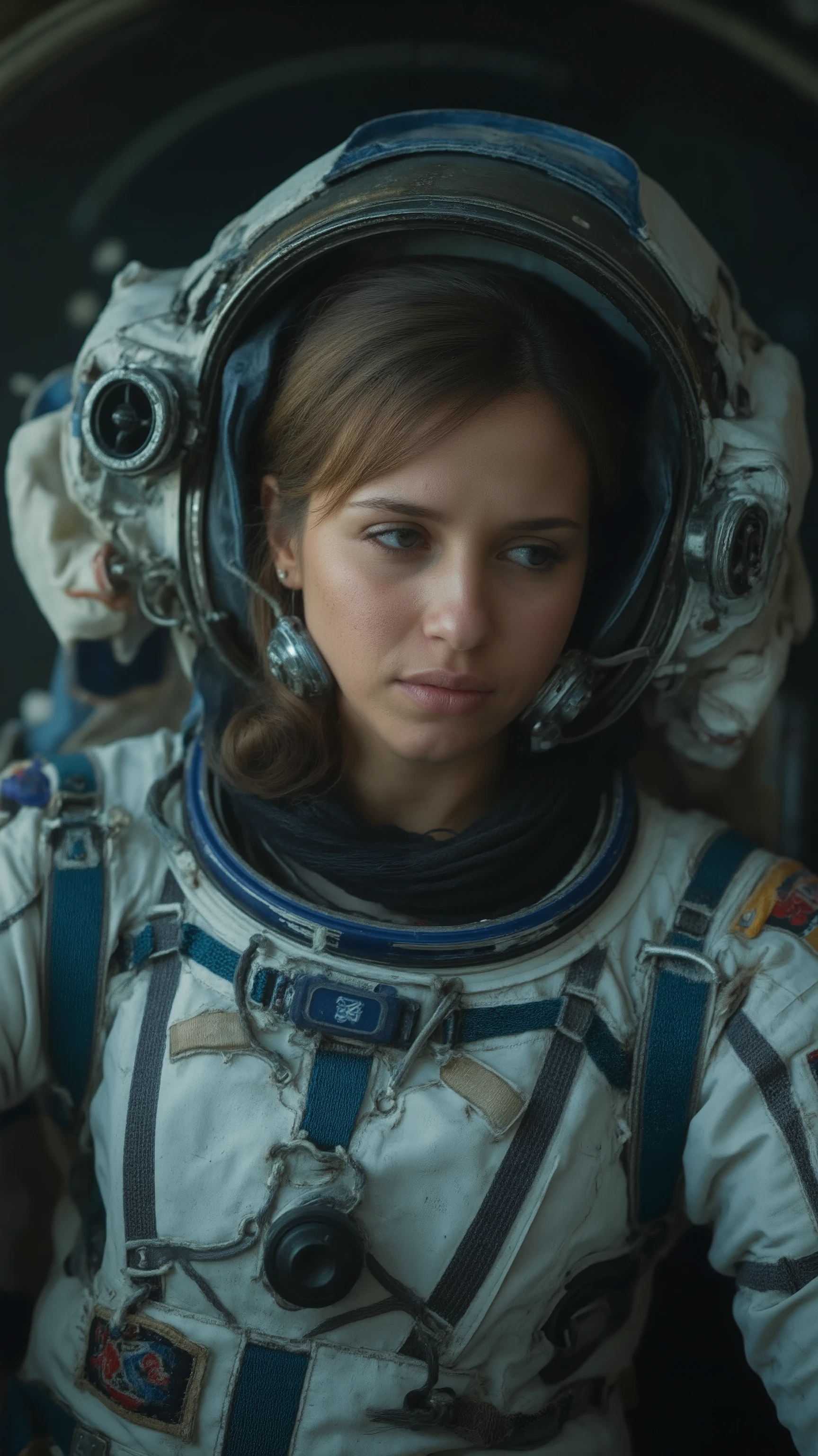 highdefinition images、An image of the space shuttle（女性 ）pilot NASAの宇宙服、眠い顔してる、the moment he woke up、