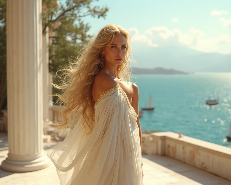 (best quality,4k,8k,highres,masterpiece:1.2), ultra-detailed, (realistic,photorealistic,photo-realistic:1.37), portraits, HDR, Greek mythology, beautiful goddess Venus portrait, perfect DNA, detailed eyes, detailed lips, stunning beauty, flowing golden hair, , perfect body, perfect , graceful pose, enchanting gaze, vibrant colors, soft lighting.(:1.4) ancient Greek deity, gazes directly into the camera's lens, flowing hair cascades over her shoulders, off-the-shoulder attire accentuating her grace, vivid colors, ancient temples and marble columns softly blurred in background, late afternoon Mediterranean light casting a warm glow on her porcelain skin, high-resolution image, digital painting, spiritual serenity, golden ratio composition.