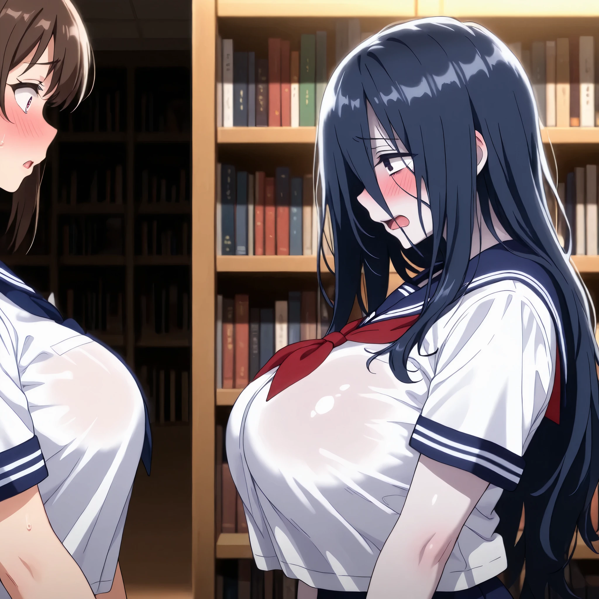 Masterpiece, Top Quality, Shy, Flustered, Sadako, Navy Blue Sailor Uniform, Short Sleeves, Profile, Big Breasts, Library, Moaning, Standing