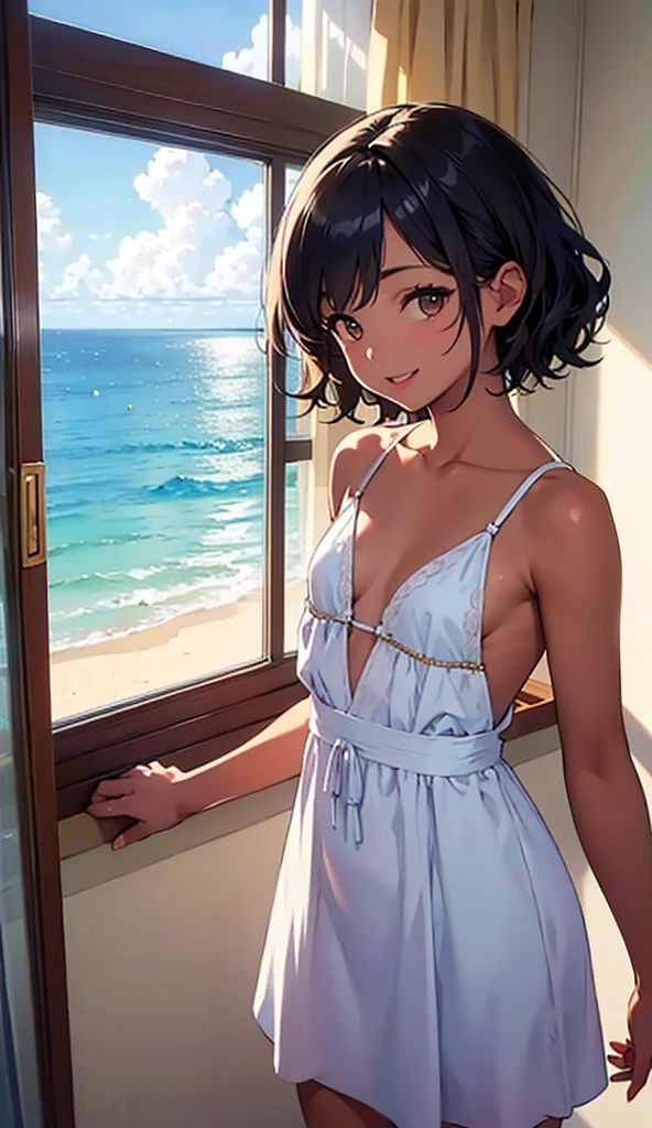 Anime photo of TendouAkane, with her back turned, her hair dripping wet after a shower, her body facing the beach at sunset, which is visible through the terrace door. She has brown eyes, short blue hair, narrow waist, narrow hips and normal breasts. She is wearing only white panties and holding a white Ibizan dress in her hands. Looking at the viewer turning her neck in an elegant pose, she smiles happily, calmly and warmly, with a captivating gaze. The evening light enters the room quietly and dramatically, giving light golden touches on her lightly tanned skin, making the scene captivating. A partially unmade bed completes the image.