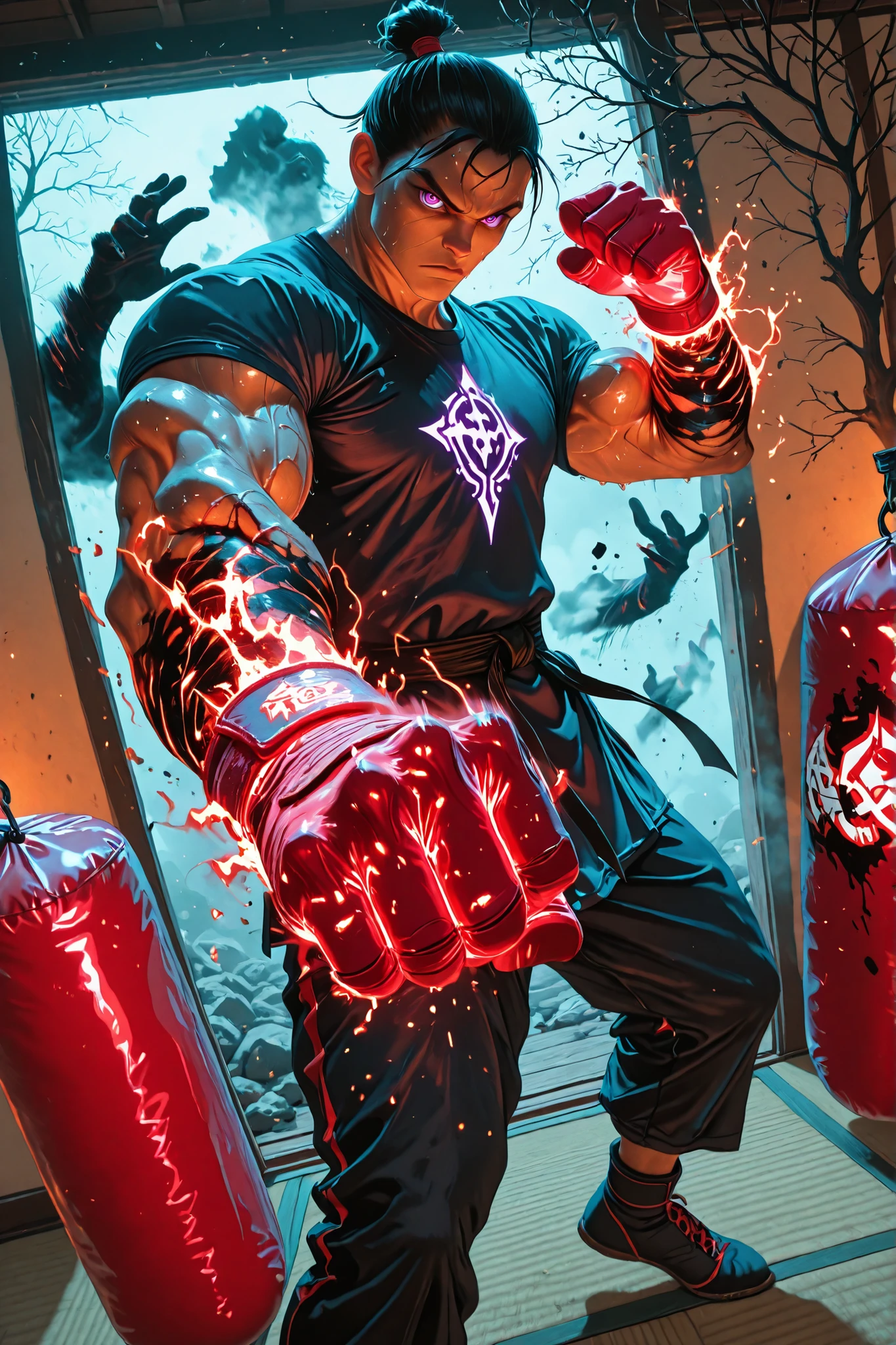 straight arm,crooked wrist,tilted,Standing insurance,Strange dance,deep brown branches,black contamination dark liquid creeping up the skin,dark oil adhered to,a boy,neon red gloves,neon purple eyes,((4 muscular arms)),martial fighter clothing,2 pairs of arms,ancient god,fog of war,combat smoke,combat zone,tatami,A boy like Amime, Muscular,martial arts fighter, from the front,looking at the viewer,Serious,Adjusting the bandages on your hands,gymancio de Muay Yhai,red punching bag,masterpiece, t-shirt, incredible quality, perspective, dynamic pose, dynamic Dutch angle,Alone , grew old, brutal, cunning,motion blur,punching to the sack training,punch,kick,impact,(Blow to the sack),in the profile ,sweat,hard training