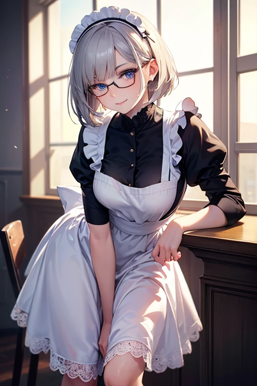 Yorha 2B,
Real Doll,Figure-like skin,White skin,
Off-the-shoulder leotard suit,Black apron,Glasses,
Bob cut hair,Silver Hair,White eyes,
tall,Big Breasts,Lower milk exposed,Expressionless,Upright posture,from the front,

whole body,The light shines through,Indoors at home,Cleaning services,Hold the deck brush in your left hand,Floor cleaning,
Beautiful image quality,Delicate shades,4K,