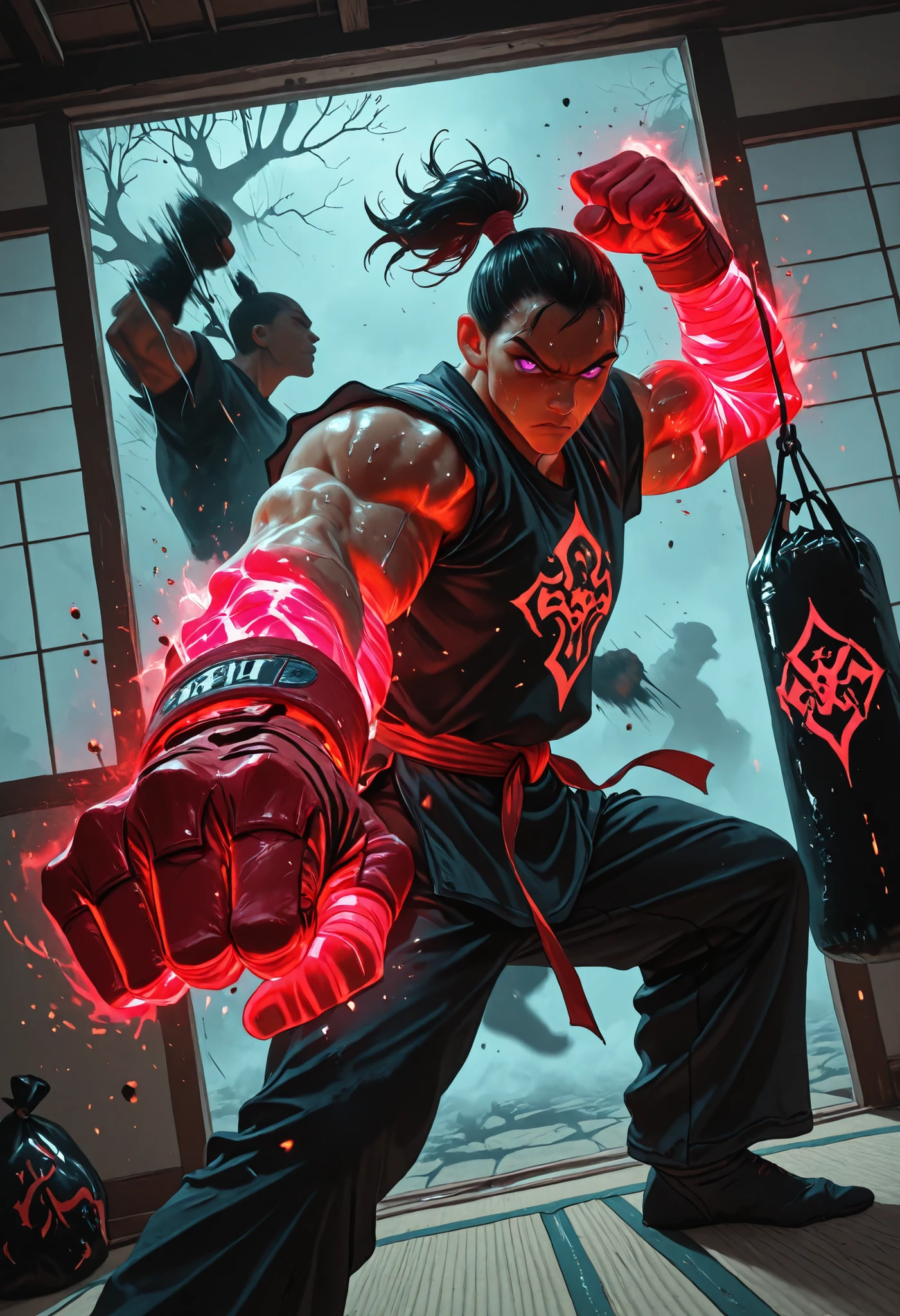 straight arm,crooked wrist,tilted,Standing insurance,Strange dance,deep brown branches,black pollution dark liquid creeping up the skin,dark oil adhered to,a boy,neon red gloves,neon purple eyes,((4 muscular arms)),martial fighter clothing,2 pairs of arms,ancient god,fog of war,combat smoke,combat zone,tatami,A boy like Amime, Muscular,martial arts fighter, from the front,looking at the viewer,Serious,Adjusting the bandages on your hands,gymancio de Muay Yhai,red punching bag,masterpiece, t-shirt, incredible quality, perspective, dynamic pose, dynamic Dutch angle,Alone , grew old, brutal, cunning,motion blur,punching to the sack training,punch,kick,impact,(Blow to the sack),in the profile ,sweat,hard training