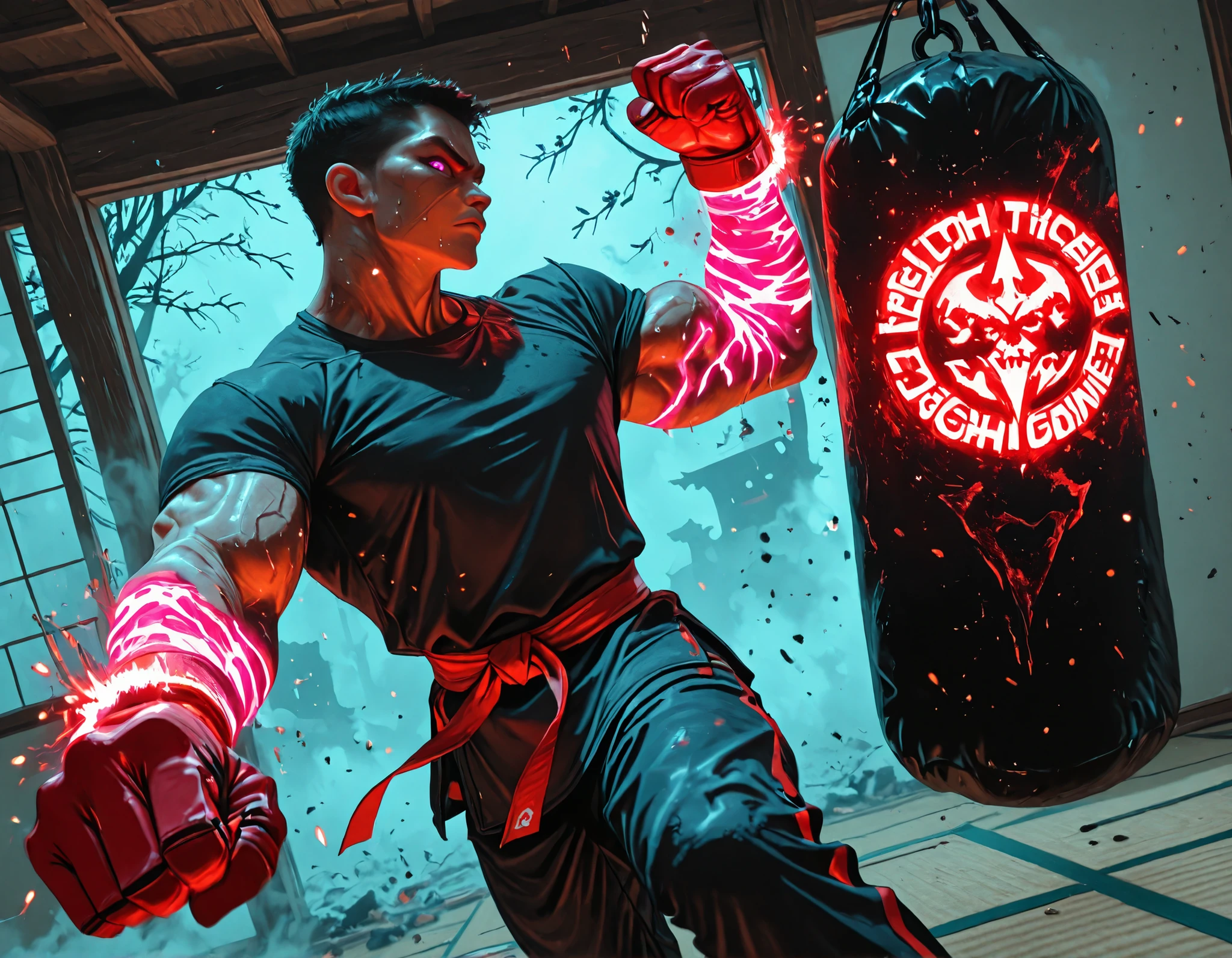 straight arm,crooked wrist,tilted,Standing insurance,Strange dance,deep brown branches,black contamination dark liquid creeping up the skin,dark oil adhered to,a boy,neon red gloves,neon purple eyes,((4 muscular arms)),martial fighter clothing,2 pairs of arms,ancient god,fog of war,combat smoke,combat zone,tatami,A boy like Amime, Muscular,martial arts fighter, from the front,looking at the viewer,Serious,Adjusting the bandages on your hands,gymancio de Muay Yhai,red punching bag,masterpiece, t-shirt, incredible quality, perspective, dynamic pose, dynamic Dutch angle,Alone , grew old, brutal, cunning,motion blur,punching to the sack training,punch,kick,impact,(Blow to the sack),in the profile ,sweat,hard training