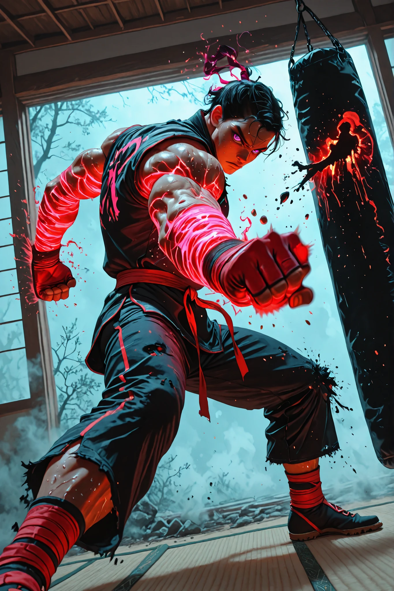 straight arm,crooked wrist,tilted,Standing insurance,Strange dance,deep brown branches,black pollution dark liquid creeping up the skin,dark oil adhered to,a boy,neon red gloves,neon purple eyes,((4 muscular arms)),martial fighter clothing,2 pairs of arms,ancient god,fog of war,combat smoke,combat zone,tatami, Muscular,martial arts fighter, from the front,looking at the viewer,Serious,Adjusting the bandages on your hands,gymancio de Muay Yhai,punching bag,training wrists severely hit and damaged,masterpiece, incredible quality, perspective, dynamic pose, dynamic Dutch angle,Alone , grew old, brutal, cunning,motion blur,punching to the sack training,punch,kick,impact,(Blow to the sack),in the profile ,sweat,hard training,5 fingers on the fist