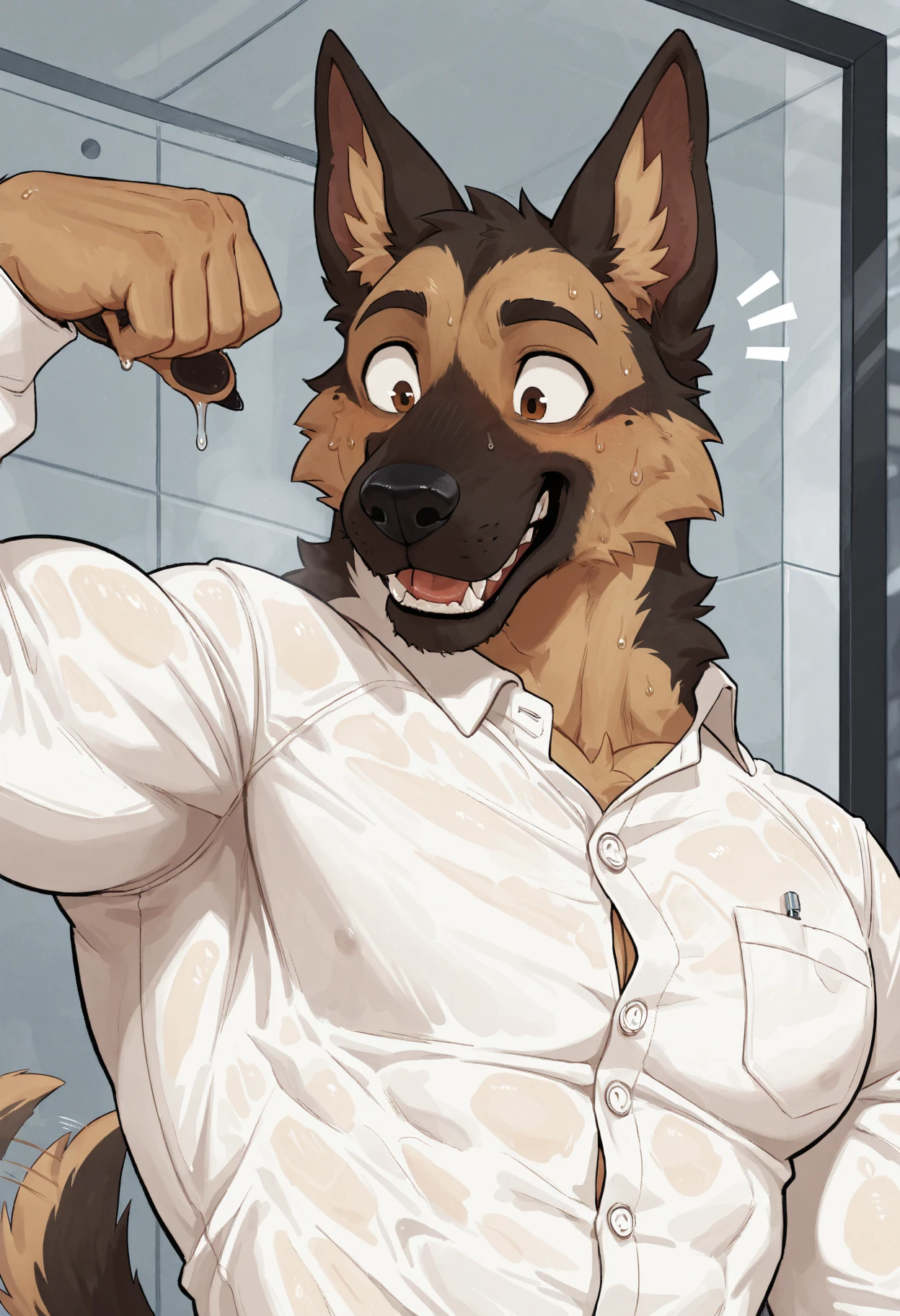 POV,top angle,sleep on stomach,lats,trapezius,butt lift,kemono, anthro (brown dog), male, (brown dog), muscular, back, red body, white belly ,sweat, ((correct )), stand, public toilet, perfect public toilet background, 1 boy, solo, wearing jockstrap, pain expression, canine tooth, hd, dark shadows, wide dynamic range, hdr, low light:1.2, front view, full body, canid, canine, canis, domesticbrown dog mammal, nordic sled brown dog, fullbody, full res, smile, lifeguard, wearing Tank top, ( sniffing) , open mouth,tongue out,drooling, hold big bulge, , perfect , look side view, camera view