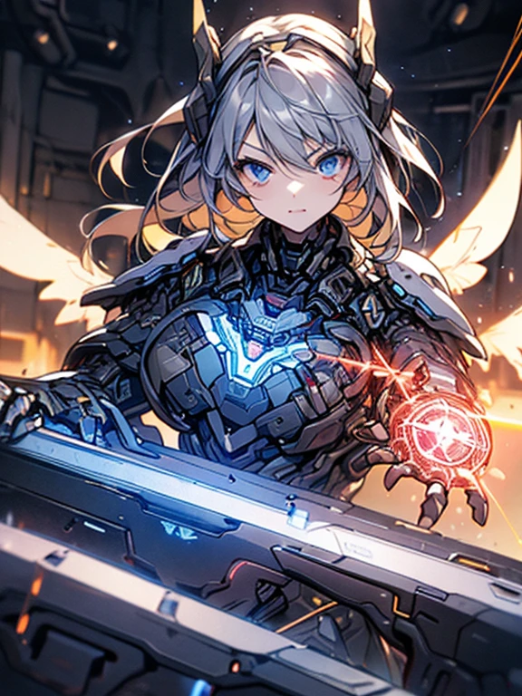 (((dark skin tone))),dark skin male, femboy, dark skin, cute ,red eyes, ((blue mecha hairpin)), dark brown hair medium hair,wearing a black exoskeleton, blue gauntlet's, honkai impact herrscher of reason, full armour mecha_musame, orange gem on chest, fullbody close-up 