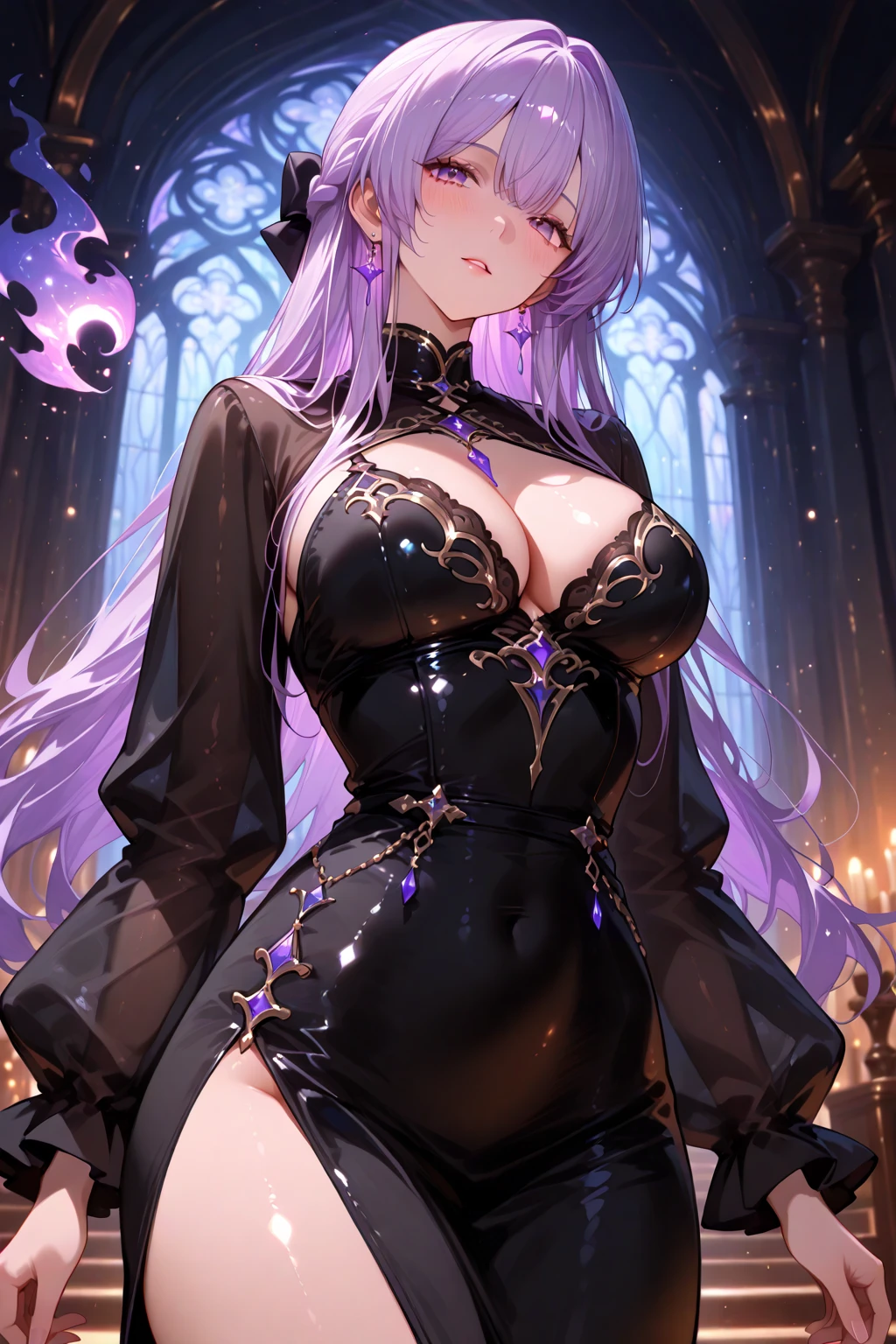 (Masterpiece:1.2), high def body, detailed eyes, (sexy:1.1), (deep cleavage:1.3), (sexy bombshell:1.2), female human, dark mage, short grey hair, grey eyes, (dark and mysterious ambiance), (flowing black robes), (glowing magical symbol on the forehead:1.1), (enchanted staff with intricate carvings), (casting a powerful spell), (crackling purple energy), (sinister grin), (ominous purple background), (subtle rays of moonlight), (surreal and ethereal lighting), (exquisite attention to  expressions), (captivating and alluring gaze), (intricate makeup emphasizing the eyes:1.1), (subtle but mesmerizing glitter), (delicate and graceful movements), (aura of power and confidence), (creating a magical shield), (swirling vortex of dark energy), (floating magical runes), (ancient and arcane scrolls), (sparks of arcane energy), (mystical smoke and mist), (mysterious and captivating presence), (intense and captivating spellcasting), (mastery over shadows and darkness), (enigmatic and intriguing personality), (dramatic and dynamic poses), (contrast between light and shadows), (depth and dimension in body and  features), (vibrant and rich color palette), (contrast between warm and cool tones), (saturated and bold colors), (mystical and magical atmosphere), (haunting and otherworldly beauty), (evoking a sense of awe and wonder), (combining elegance and power), (perfect balance between realism and fantasy).