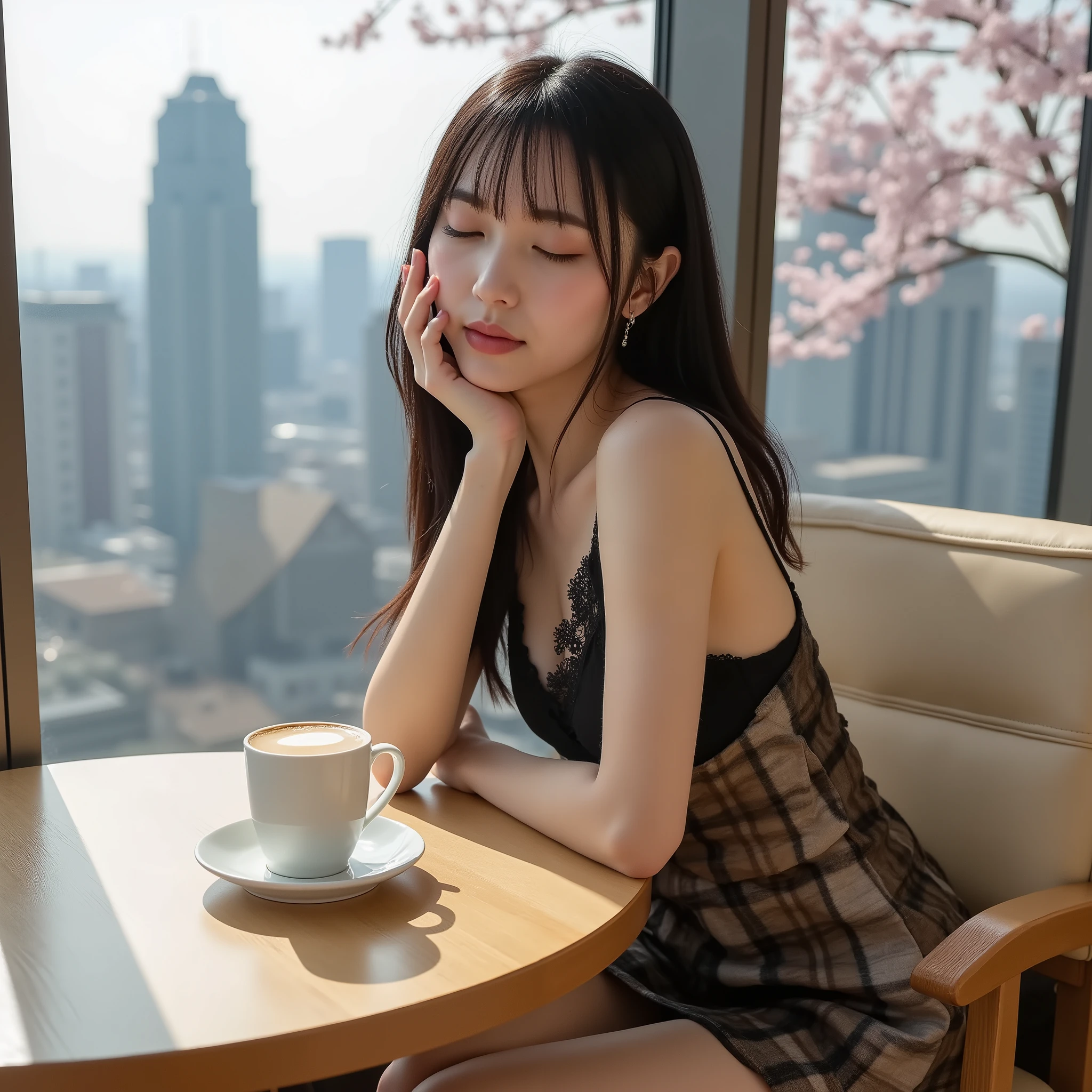 Cafe in a high-rise building in Tokyo、Top idol sleeping slightly while basking in the spring sun in a window seat。((Close your eyes and open your mouth slightly to doze off:1.5))、Sophisticated casual、A slim, slender body in ultra-clear focus。A coffee cup that is still warm on the table。Full body shot from head to toe、You can see the Tokyo cityscape and cherry blossoms outside the window。Precious alone time between busy schedules。soft natural light、Composition like a scene from a movie、realistic depiction、Beautiful Bokeh Effects