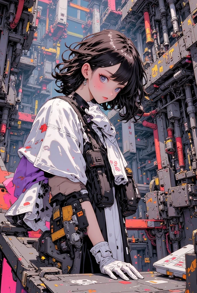 Anime girl with headphones and a backpack standing in front of a store ...