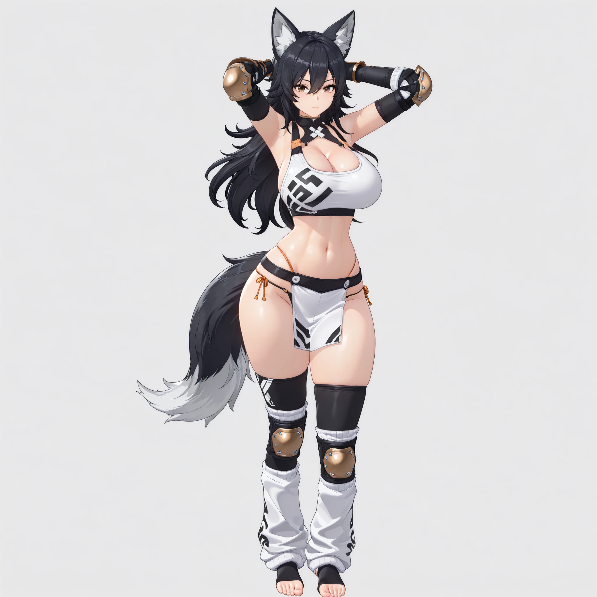 (1girl, solo, wolf girl, black hair, long hair, hair between eyes, brown eyes, h-cups breasts, cleavage, navel, wide hips, thick hips, sparring outfit, beautiful top, elbow pads, lowleg thong, pelvic curtain, high thigh socks, toeless socks, knee pads, loose oversized leg warmers, barefoot, fingerless gloves, gauntlets, standing, posing, hands behind the head, looking at the viewer, graceful, glamorous, sexy, charming, cute, full body, beautiful environment, biyōjo, 3d, beautiful aesthetic, simple background, masterpiece,best quality,amazing quality,absurdres)