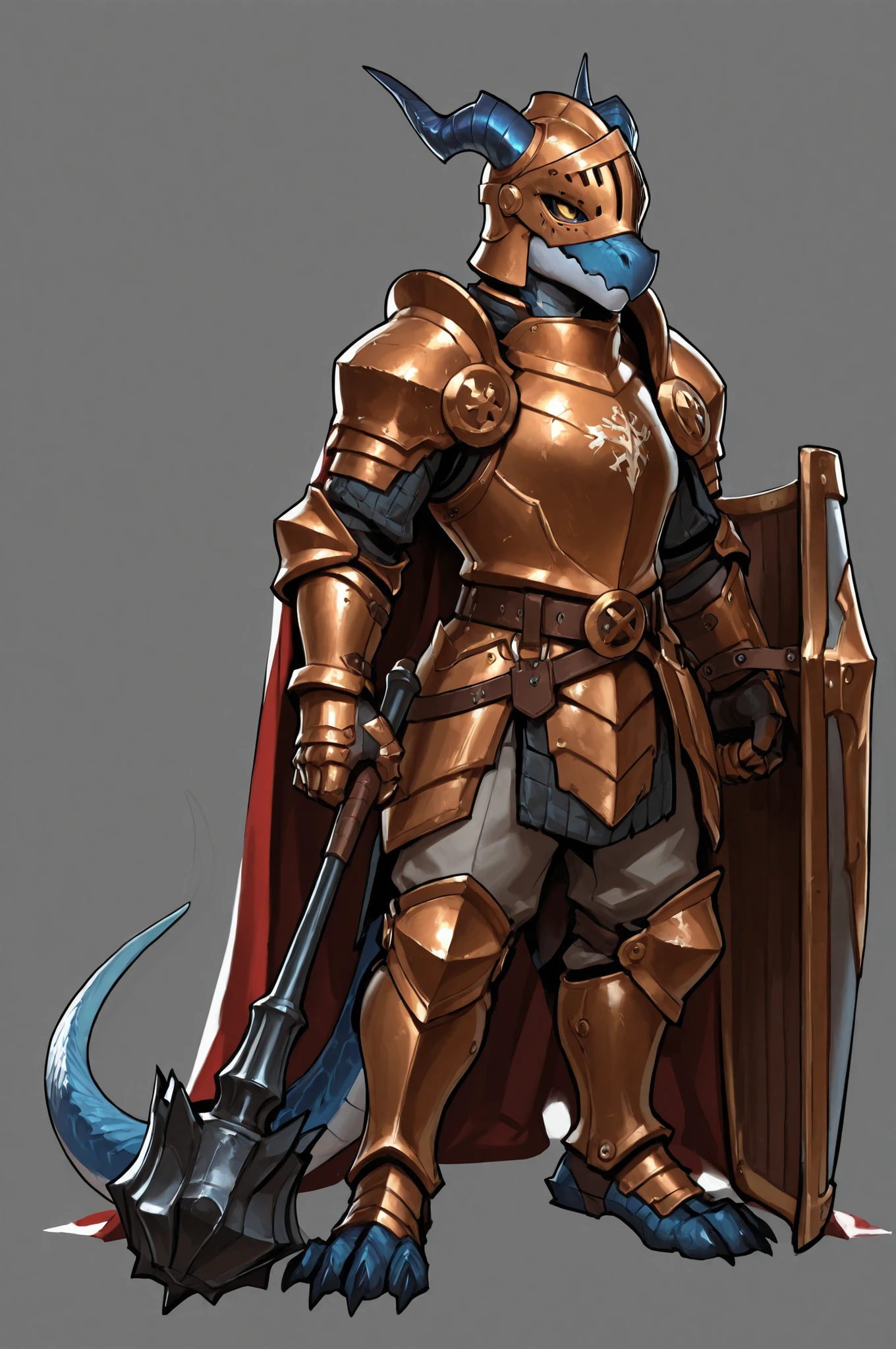 WarlockMaster, winged helmet, helm, pauldrons, copper exoskeleton, shoulder armor, armor, full armor, cape, gauntlets, brown belt,pointed ears, long draconic snout, lean physique, kobold, blue scales, great gray horns, highly detailed, best quality, holding great iron mace, big shield, fullbody art, gray background