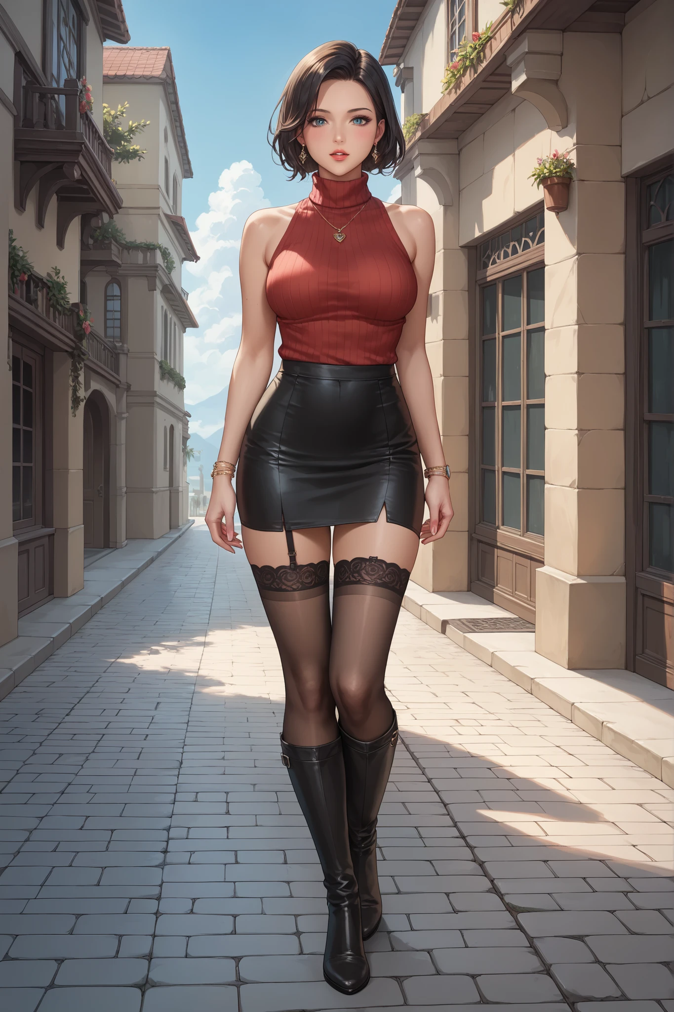 (Resident Evil 4:1.5), (full body photo:1.7), (An elf woman and several zombies in the background:1.5), (she has gigantic breasts:1.9), (She's in the clothes of Resident Evil 4+ Leon with black T-shirt+brown leather chorte+extremely tight on body:1.4), (zombies in the background:1.5), (she walking in a night town crowded with zombies:1.5),  (she has short brown hair:1.3), (she has blue eyes:1.3), (she's doing poses+for the viewer+holding an armada), Hyperrealism, 16k, best quality, high details, UHD