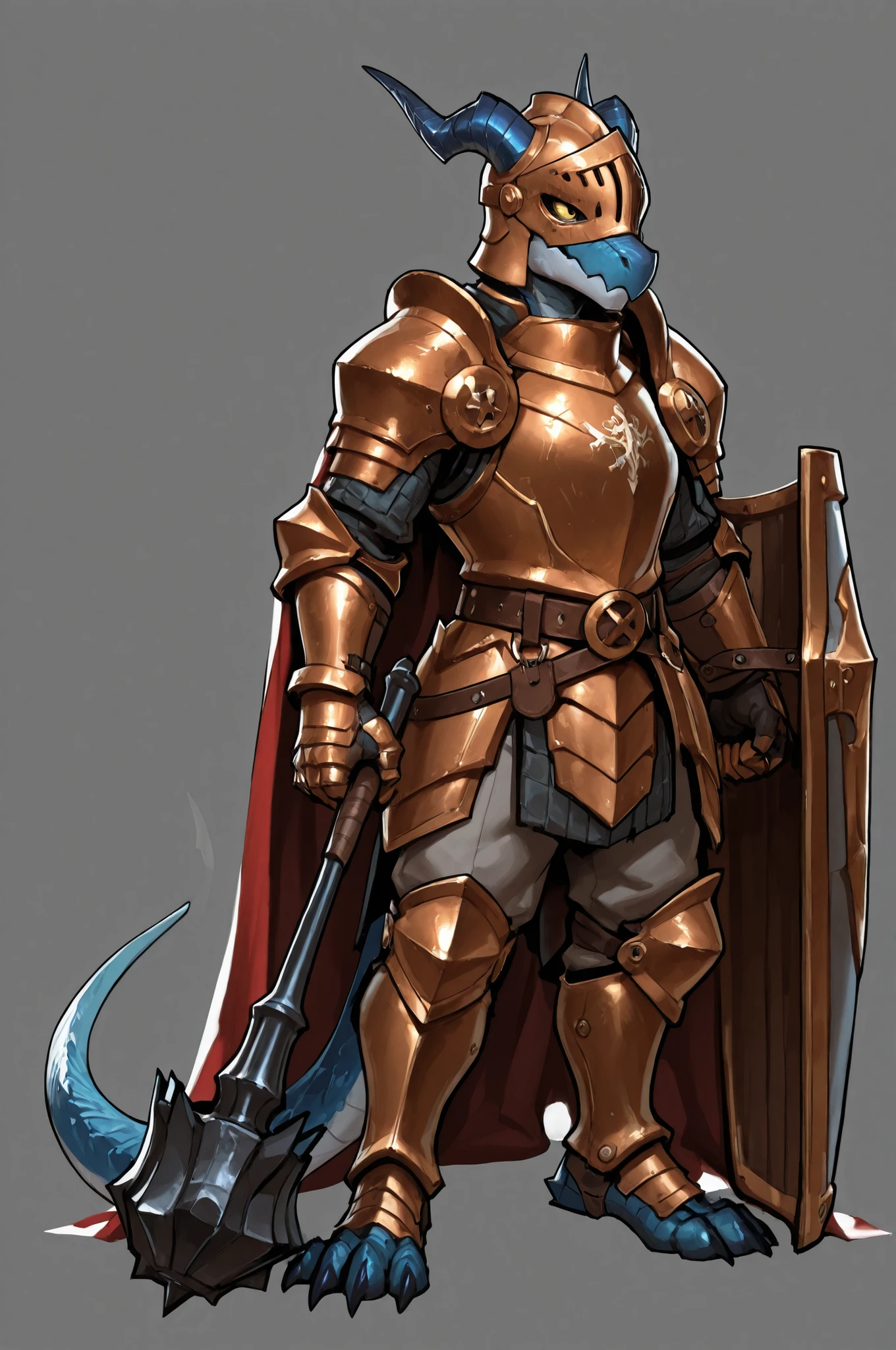 WarlockMaster, winged helmet, helm, pauldrons, copper exoskeleton, shoulder armor, armor, full armor, cape, gauntlets, brown belt,pointed ears, long draconic snout, lean physique, kobold, blue scales, great gray horns, highly detailed, best quality, holding great iron mace, big shield, fullbody art, gray background