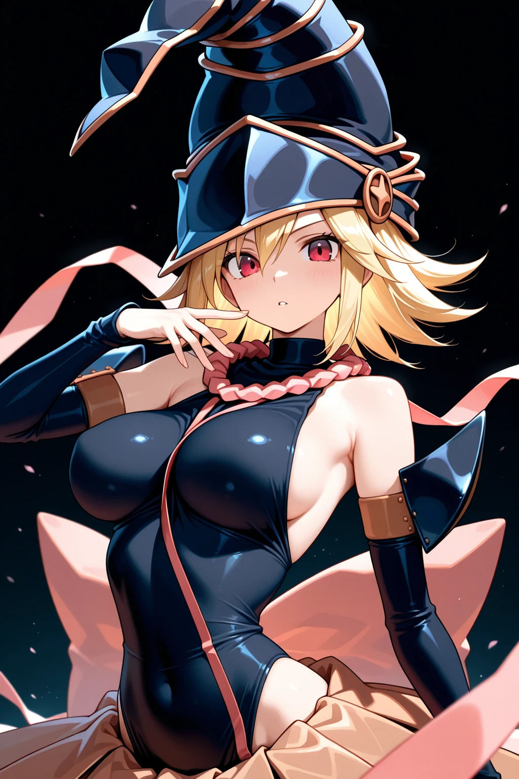 A girl with long, blond hair, green eyes, and sharp teeth stands before you. She wears a witch hat and her hair is styled in twin braids. Metallia, as she is known, radiates power and confidence. Her unique charm is enhanced by her well-endowed figure with big breasts. Completely , she exudes an aura of sensuality and allure. The scene is both dark and captivating. Metallia's dominating presence is intensified by her connection to an immense and intimidating male figure. His gigantic  symbolizes strength and demonstrates the powerful sexuality depicted in the scene. The visual depiction is intended to convey a forceful and intense  encounter between Metallia and this male figure. The art style used to portray this image is bold and striking, with detailed illustrations and high resolution. The attention to detail is paramount, ensuring that every aspect of the scene is rendered with utmost precision. The art focuses on capturing the realism of the characters' expressions and the physicality of their actions. The overall tone of the image is dark and atmospheric, further emphasizing the intensity and passion of the encounter. The lighting is moody, casting dramatic shadows and highlighting specific areas of interest. Deep, rich colors contribute to the overall ambiance and add depth to the visuals.