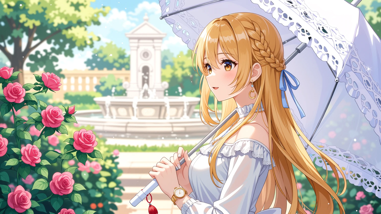 Close-up of an 18-year-old noble daughter joyfully receiving a golden wristwatch from her father
focus on daughter's delighted face, large round golden eyes, straight long golden hair, smooth fair skin, subtle smile
daughter holds the golden wristwatch with both hands, front visible
realistic anime style
BREAK
watch detail: small, delicate women's wristwatch, round dial, gold bezel, thin gold strap, elegant and refined, not overly ornate
father's hand reaching in to give the watch, soft lighting highlighting metal and hand details
BREAK
warm indoor light, soft bokeh background, subtle hints of luxurious medieval-style room, wooden furniture, tapestries
ethereal realism, high detail facial expressions and hands, watch gleaming subtly
BREAK
quality enhancement: ultra-detailed, ultra-realistic textures, cinematic lighting, sharp focus on face, watch, and hands, realistic reflections, intricate fabric folds, high resolution, photorealistic skin and hair
BREAK
negative prompt: deformed , extra limbs, low detail, messy background, harsh shadows, unnatural proportions, blurred faces, modern elements