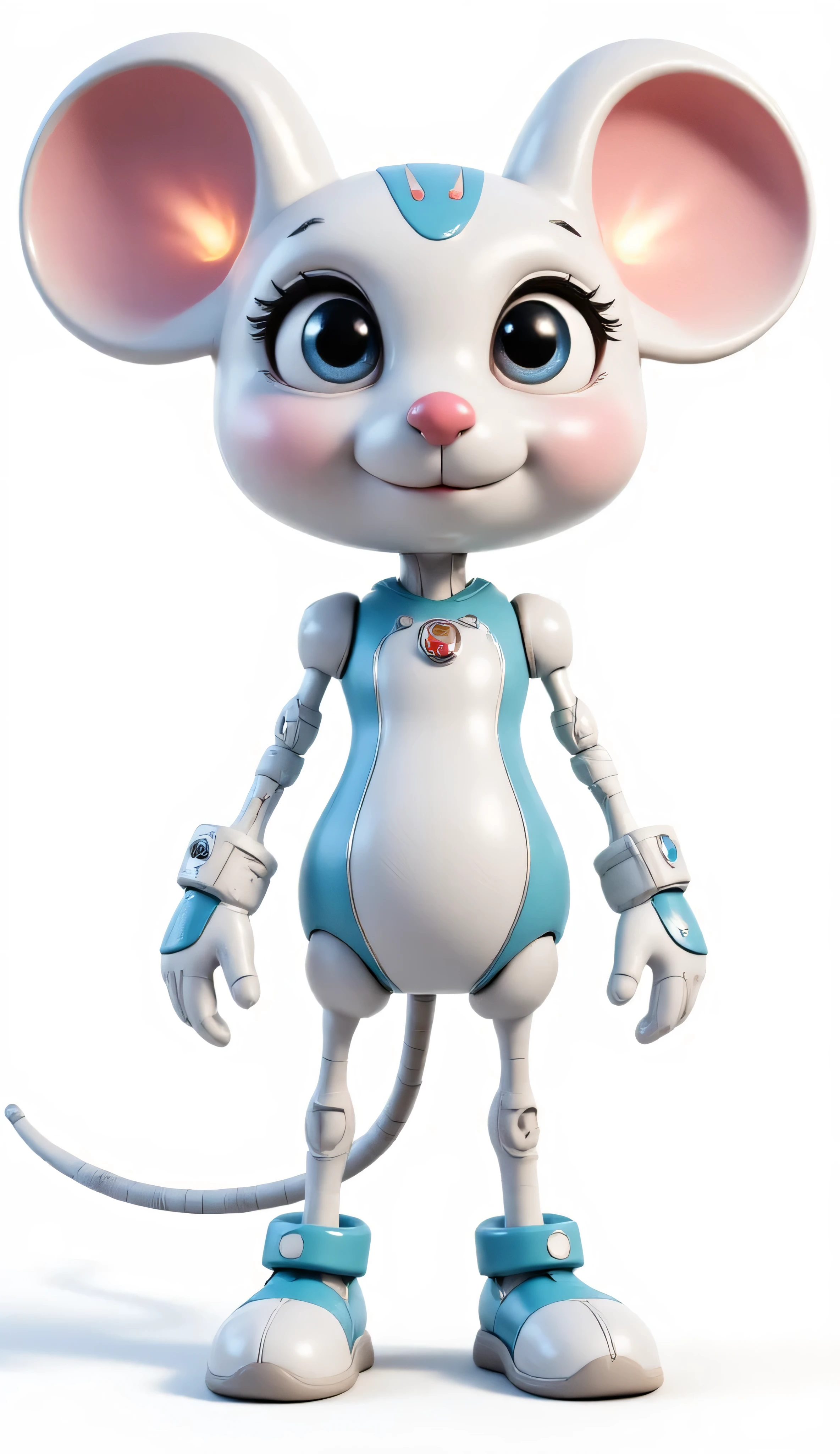charming computer mouse character for a children's cartoon, big round eyes with long eyelashes and shiny pupils, two voluminous buttons on the head instead of ears with cute glowing ones, indicators are a long flexible USB cable instead of a tail that can move and express emotions, small hands and feet with gloves and boots, streamlined body with smooth lines like a real computer mouse, scroll wheel like a funny nose that can rotate, bright colors predominantly white and blue with accents, friendly facial expression and helpfulness posture, modern computer animation style with soft glow, highly detailed textures and materials