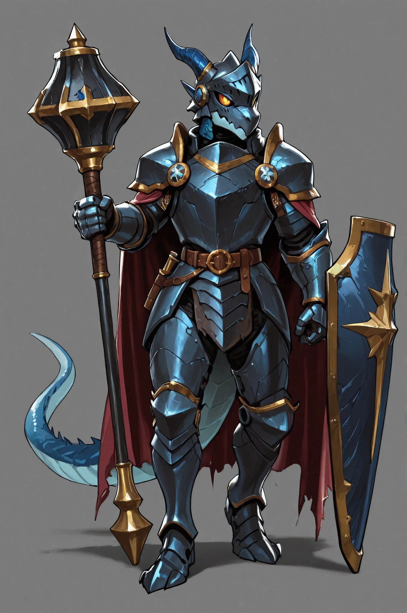 WarlockMaster, winged helmet, helm, pauldrons, mecha copper exoskeleton, shoulder armor, armor, full armor, cape, gauntlets, brown belt,pointed ears, long draconic snout, lean physique, kobold, blue scales, great gray horns, highly detailed, best quality, holding great iron mace, big shield, fullbody art, gray background