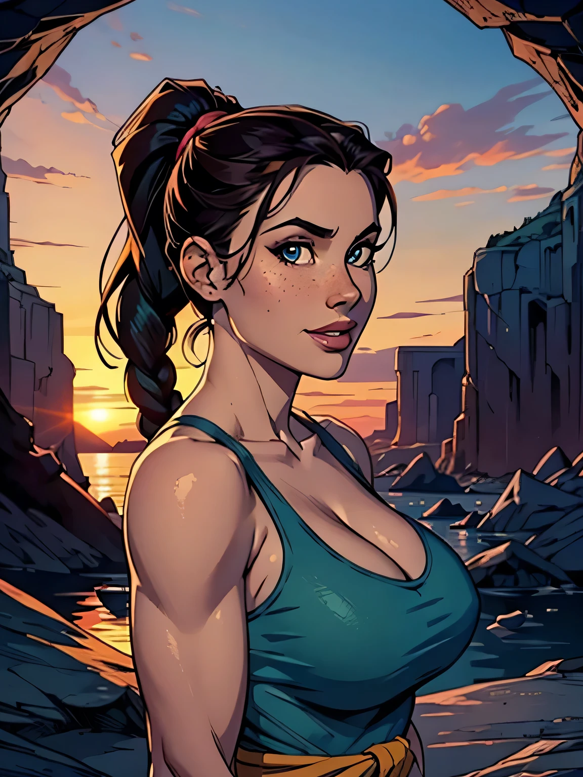 Melhor qualidade, obra de arte, (realista: 1.2) Close of a thin and athletic woman (Lara Croft), 25 anos, 16k (( high definition )), sorriso suspirante, olhar sedutor ((looking at the viewer)), olhos castanhos, wearing tight teal blue tank top ((decotes em V, sem mangas )), cintura fina, usa um cinto marrom, arms on the sides of her body, pele morena, cabelo castanho (( with braided ponytail )), She's alone in a cave (( upper body, From head to waist , side view 1 .4)), with freckles on her neck and , (( large, round 1.4)), (( Well defined collarbone)). estilo cartoon ((QG)), cave and sunset in the background.