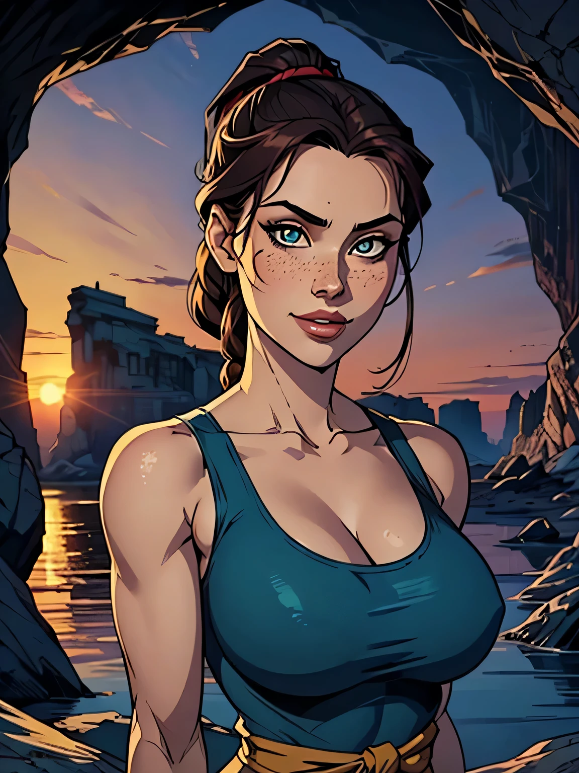 Melhor qualidade, obra de arte, (realista: 1.2) Close of a thin and athletic woman (Lara Croft), 25 anos, 16k (( high definition )), sorriso suspirante, olhar sedutor ((looking at the viewer)), olhos castanhos, wearing tight teal blue tank top ((decotes em V, sem mangas )), cintura fina, usa um cinto marrom, arms on the sides of her body, pele morena, cabelo castanho (( with braided ponytail )), She's alone in a cave (( upper body, From head to waist , vista lateral 1.4)), with freckles on her neck and , (( large, round 1.4)), (( Well defined collarbone)). estilo cartoon ((QG)), cave and sunset in the background.