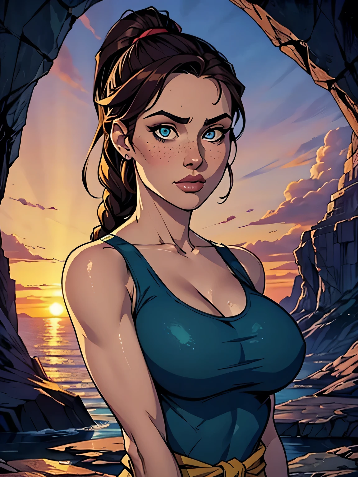Melhor qualidade, obra de arte, (realista: 1.2) Close of a thin and athletic woman (Lara Croft), 25 anos, 16k (( high definition )), sighing look, olhar sedutor ((looking at the viewer)), olhos castanhos, wearing tight teal blue tank top ((decotes em V, sem mangas )), cintura fina, usa um cinto marrom, arms on the sides of her body, pele morena, cabelo castanho (( with braided ponytail )), She's alone in a cave (( upper body, From head to waist , vista lateral 1.4)), with freckles on her neck and , (( large, round 1.4)), (( Well defined collarbone)). estilo cartoon ((QG)), cave and sunset in the background.