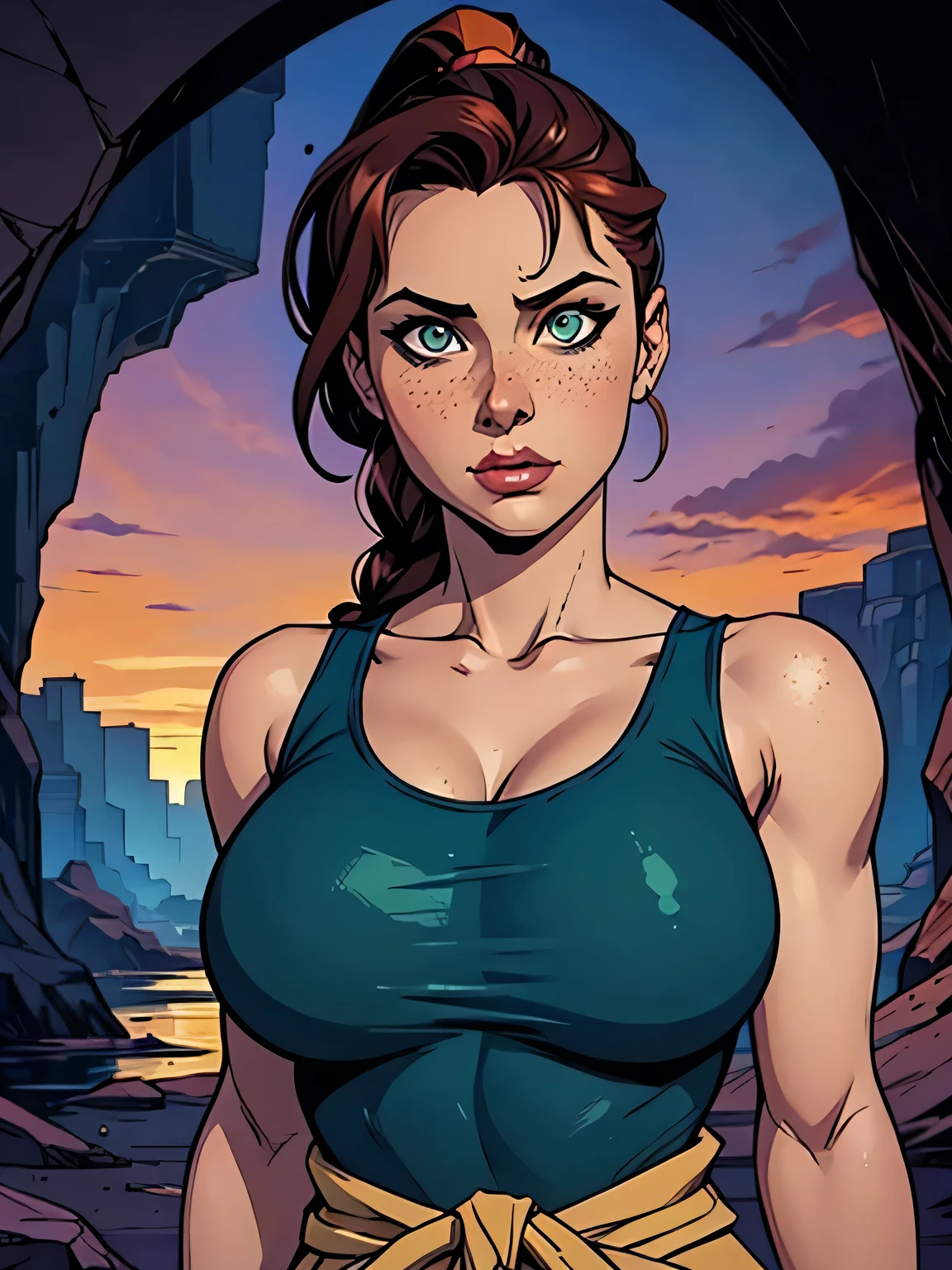 Melhor qualidade, obra de arte, (realista: 1.2) Close of a thin and athletic woman (Lara Croft), 25 anos, 16k (( high definition )), sighing look, olhar sedutor ((looking at the viewer)), olhos castanhos, wearing tight teal blue tank top ((decotes em V, sem mangas )), cintura fina, usa um cinto marrom, arms on the sides of her body, pele morena, cabelo castanho (( with braided ponytail )), She's alone in a cave (( upper body, From head to waist , vista lateral 1.4)), with freckles on her neck and , (( large, round 1.4)), (( Well defined collarbone)). estilo cartoon ((QG)), cave and sunset in the background.