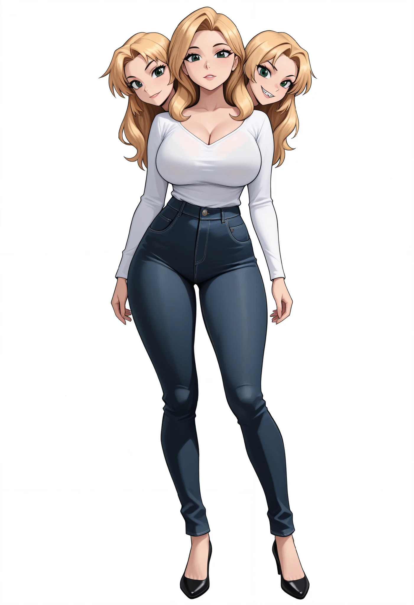 (masterpiece) , (ultra-detailed) , (high quality) , (high resolution) , (best quality:1 . 5 , highres , UHD) , highres , absurdo , ultra detail , ultra quality , Ultra resolution , 16k , ((anime girl with two heads)), (long blonde hair), white long sleeve shirt, jeans, mature woman, dark green eyes, full body, cleavage, sharp eyes, beautiful woman