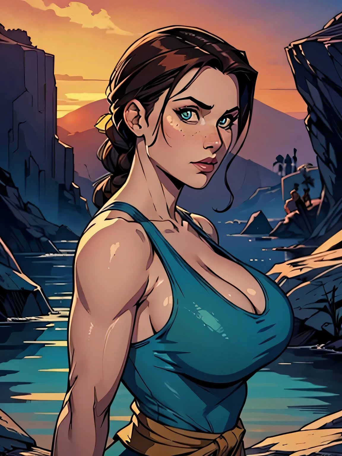 Melhor qualidade, obra de arte, (realista: 1.2) Close of a thin and athletic woman (Lara Croft), 25 anos, 16k (( high definition )), sighing look, olhar sedutor ((looking at the viewer)), olhos castanhos, wearing tight teal blue tank top ((decotes em V, sem mangas )), cintura fina, usa um cinto marrom, arms on the sides of her body, pele morena, cabelo castanho (( with braided ponytail )), She's alone in a cave (( upper body, From head to waist , side view 1 .4)), with freckles on her neck and , (( large, round 1.4)), (( Well defined collarbone)). estilo cartoon ((QG)), cave and sunset in the background.