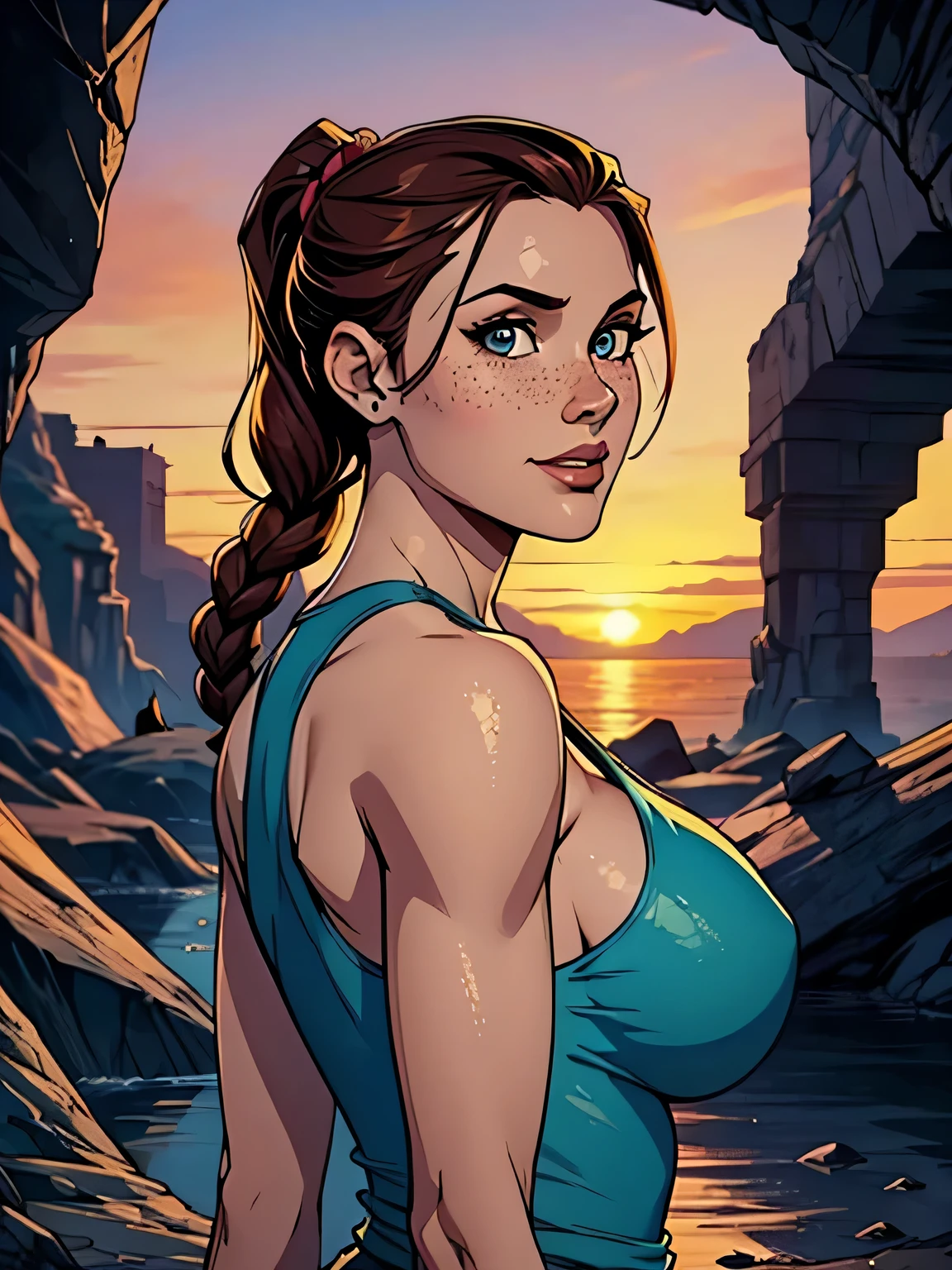 Melhor qualidade, obra de arte, (realista: 1.2) Close of a thin and athletic woman (Lara Croft), 25 anos, 16k (( high definition )), sorriso lindo, olhar sedutor ((looking at the viewer)), olhos castanhos, wearing tight teal blue tank top ((decotes em V, sem mangas )), cintura fina, usa um cinto marrom, arms on the sides of her body, pele morena, cabelo castanho (( with braided ponytail )), She's alone in a cave (( upper body, From head to waist  ,  side view 1 .4)), with freckles on her neck and , (( large, round  1.4)), (( Well defined collarbone)). estilo cartoon ((QG)), cave and sunset in the background.