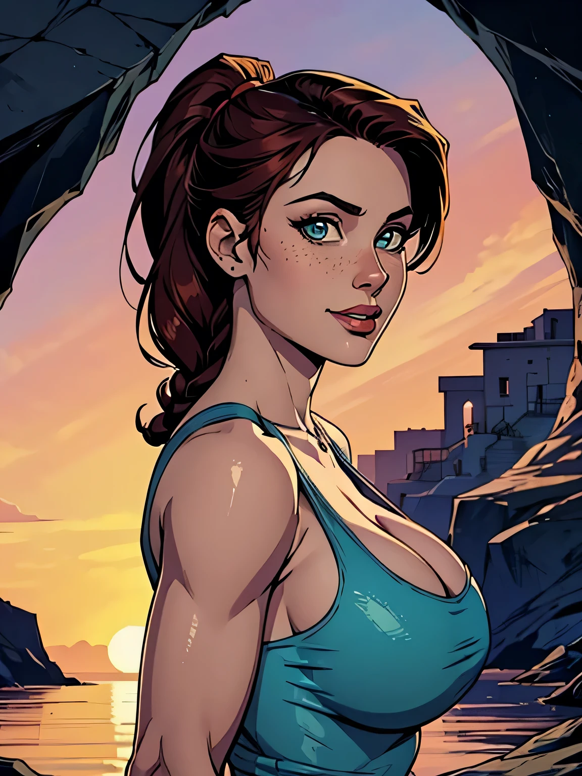 Melhor qualidade, obra de arte, (realista: 1.2) Close of a thin and athletic woman (Lara Croft), 25 anos, 16k (( high definition )), sorriso lindo, olhar sedutor ((looking at the viewer)), olhos castanhos, wearing tight teal blue tank top ((decotes em V, sem mangas )), cintura fina, usa um cinto marrom, arms on the sides of her body, pele morena, cabelo castanho (( with braided ponytail )), She's alone in a cave (( upper body, From head to waist , side view 1 .4)), with freckles on her neck and , (( large, round 1.4)), (( Well defined collarbone)). estilo cartoon ((QG)), cave and sunset in the background.